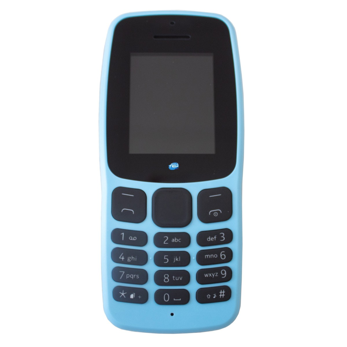 Jasnoniebieski telefon z czarnym ekranem i klawiaturą na białym tle.
