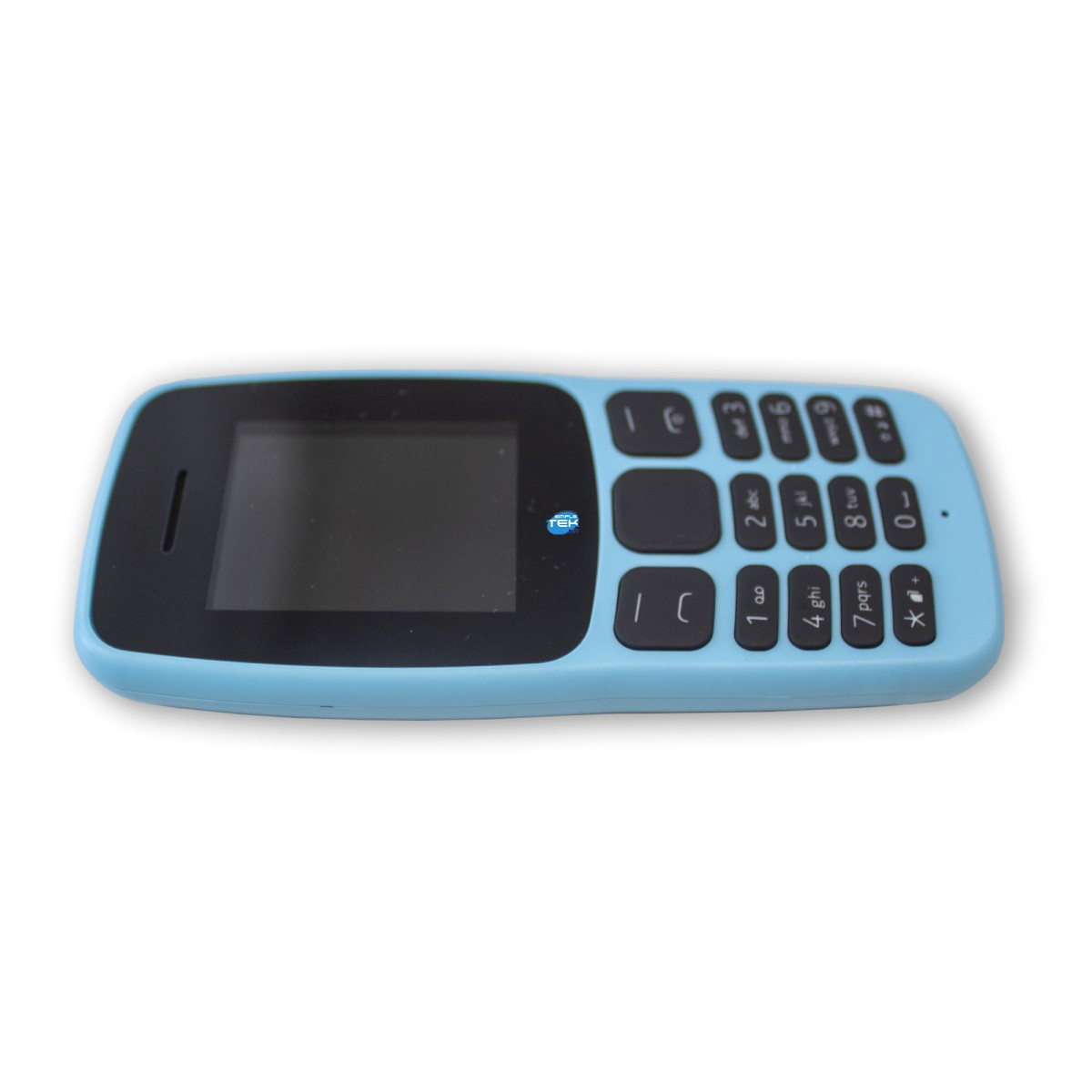 Jasnoniebieski telefon komórkowy z małym czarnym ekranem i klawiaturą numeryczną na białym tle.