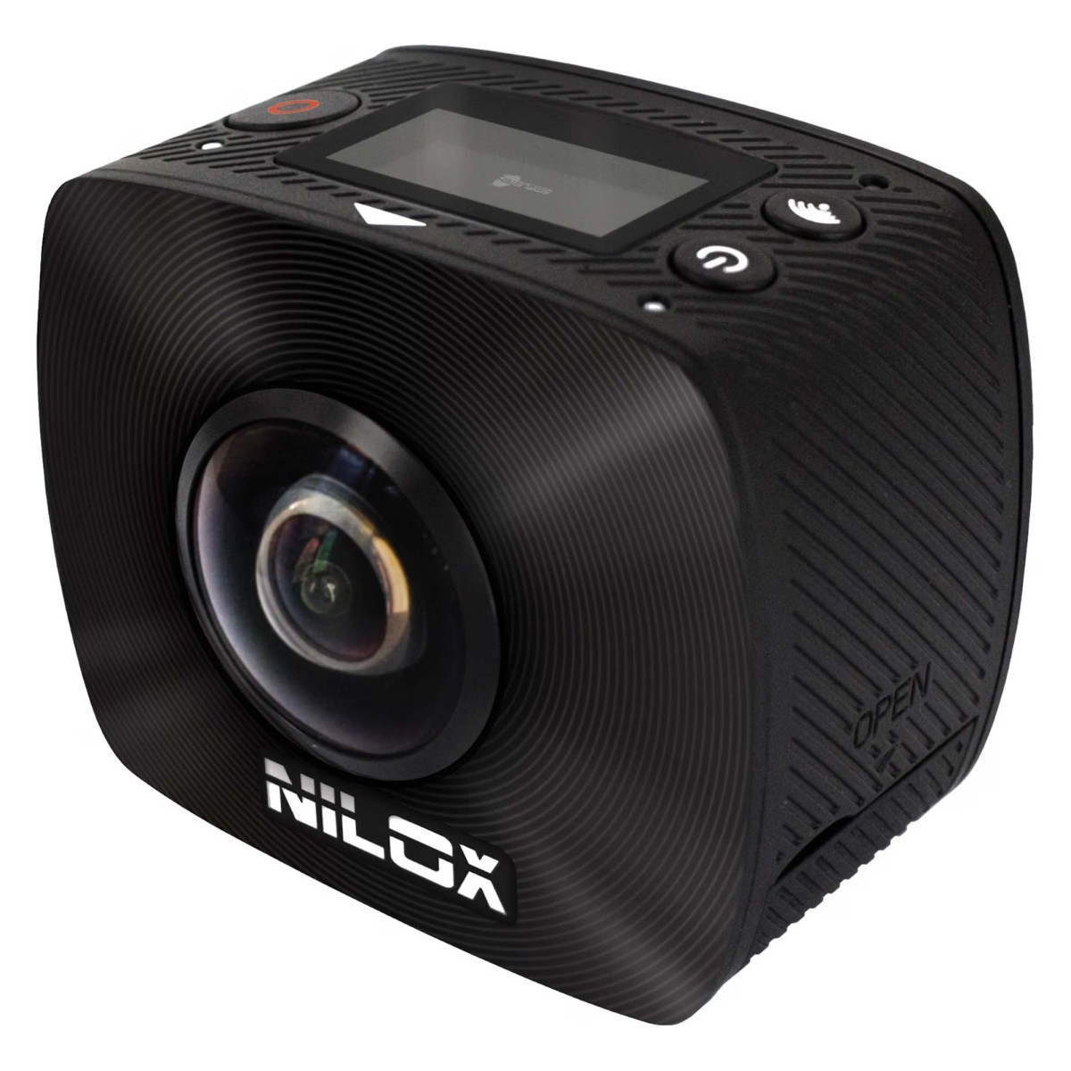 Unaaction cam Nilox nera con obiettivo grandangolare e schermo superiore.