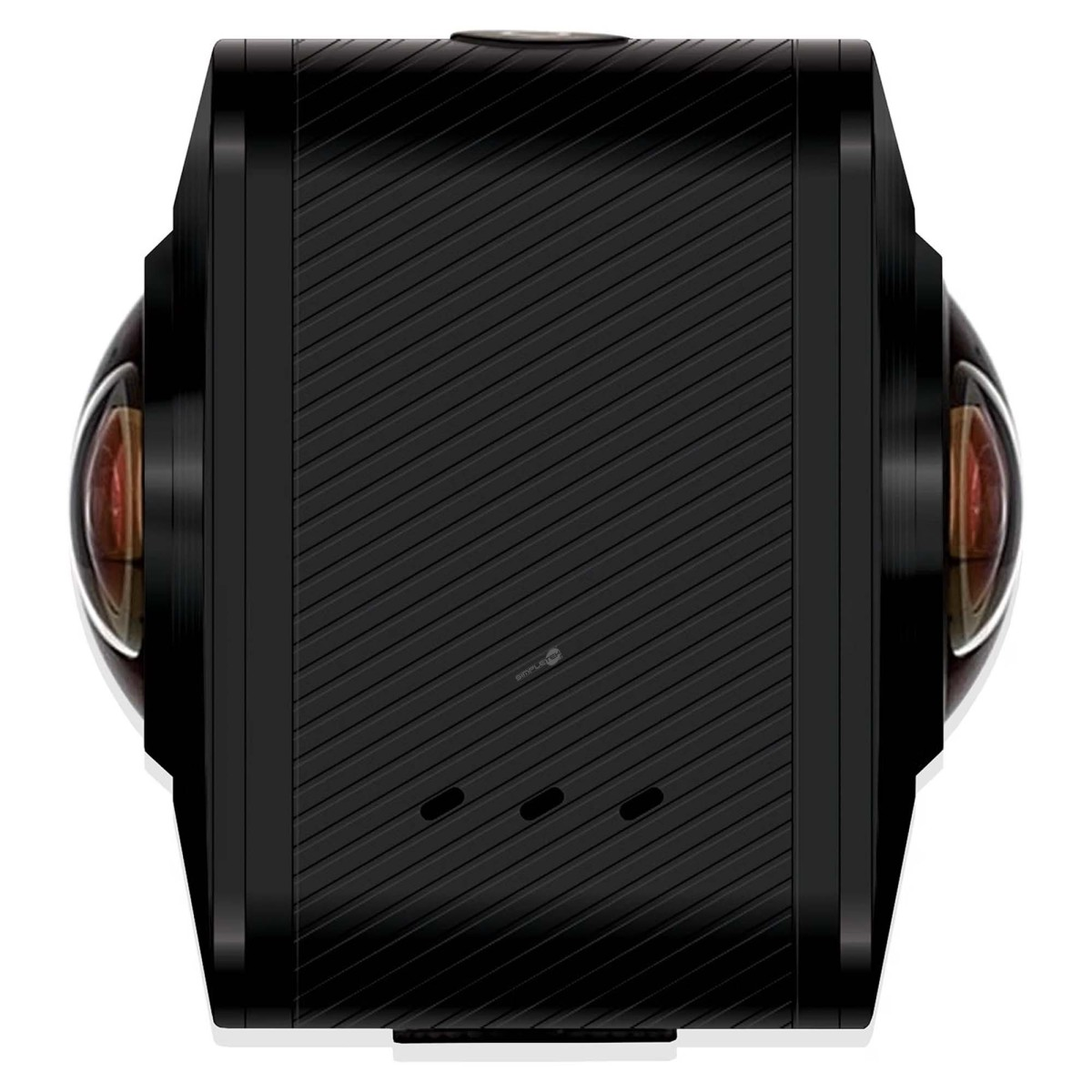 Una telecamera a 360 gradi nera con trama a righe e doppie lenti fisheye.