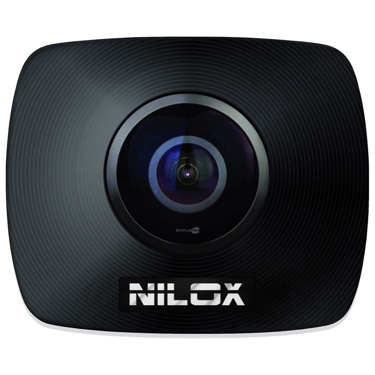 Telecamera di sicurezza Nilox nera con obiettivo fisheye centrale e motivo circolare.