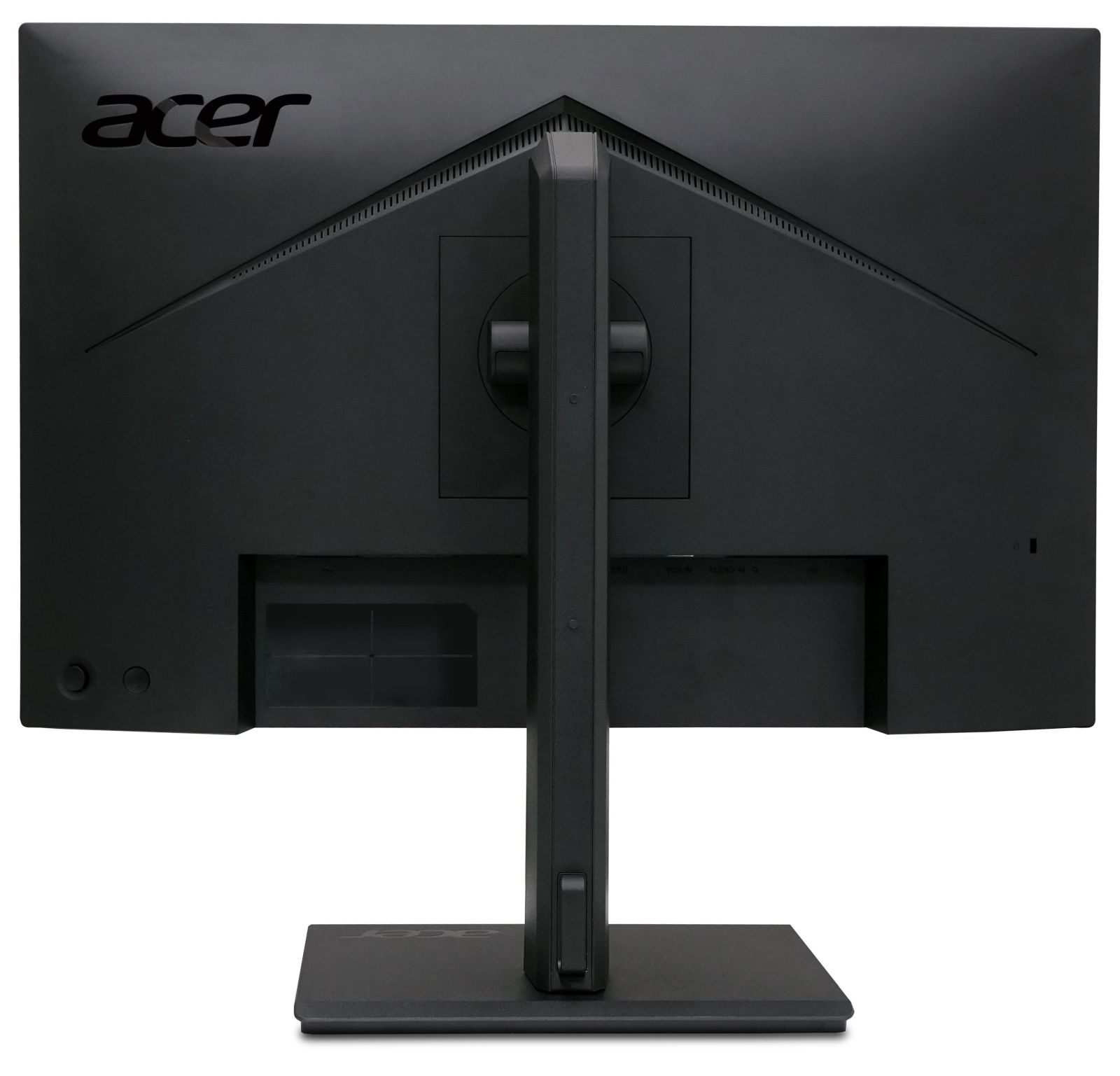 Vista trasera de un monitor Acer negro con soporte y puertos visibles.