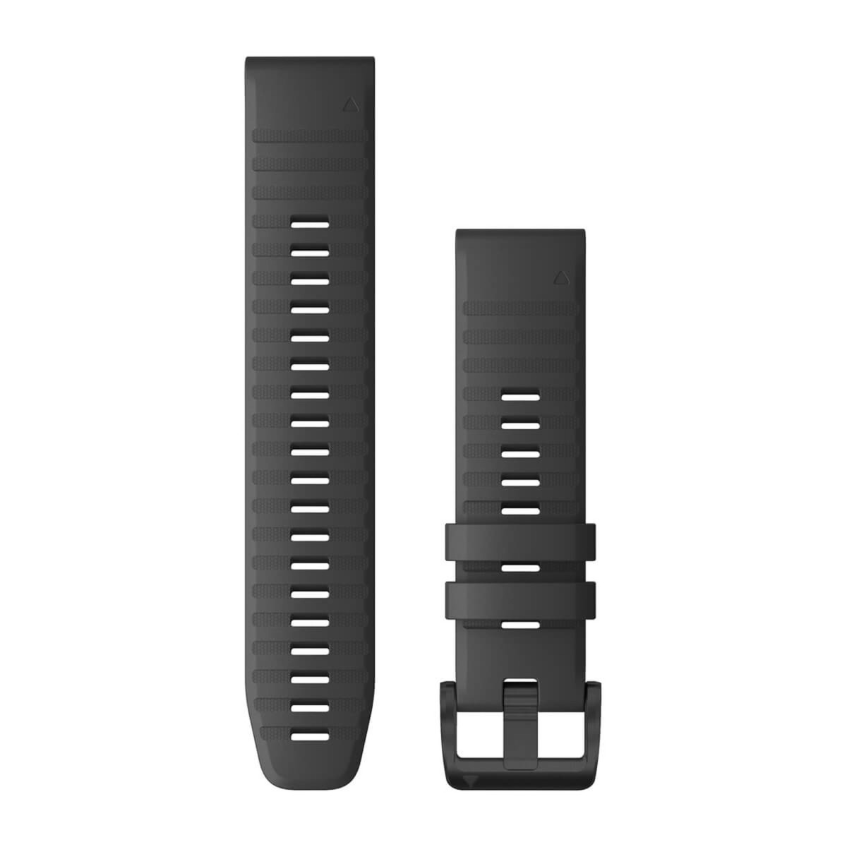 Un cinturino per orologio in silicone nero con fibbia e fessure di ventilazione su fondo bianco.