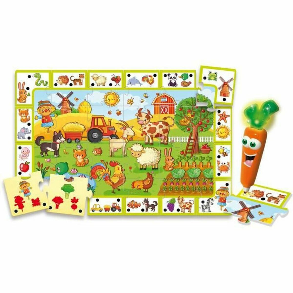 Ein buntes Bauernhof-Puzzle mit Tieren, Traktor und einer interaktiven Karotten-Stift.
