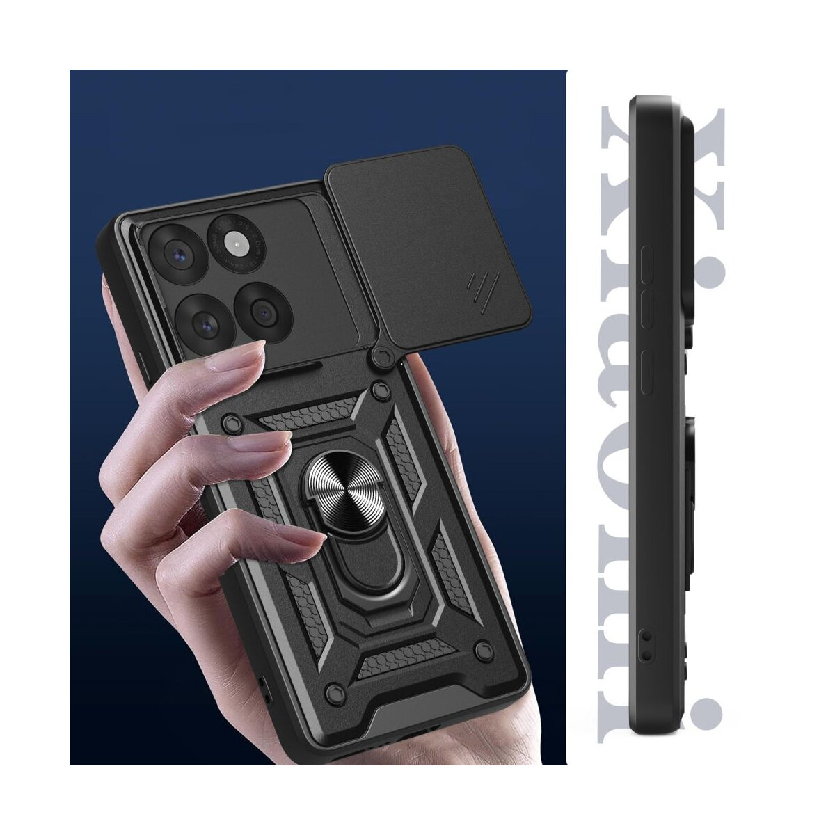 Hand hält schwarze Smartphone-Hülle mit Kameraabdeckung und Ringständer.