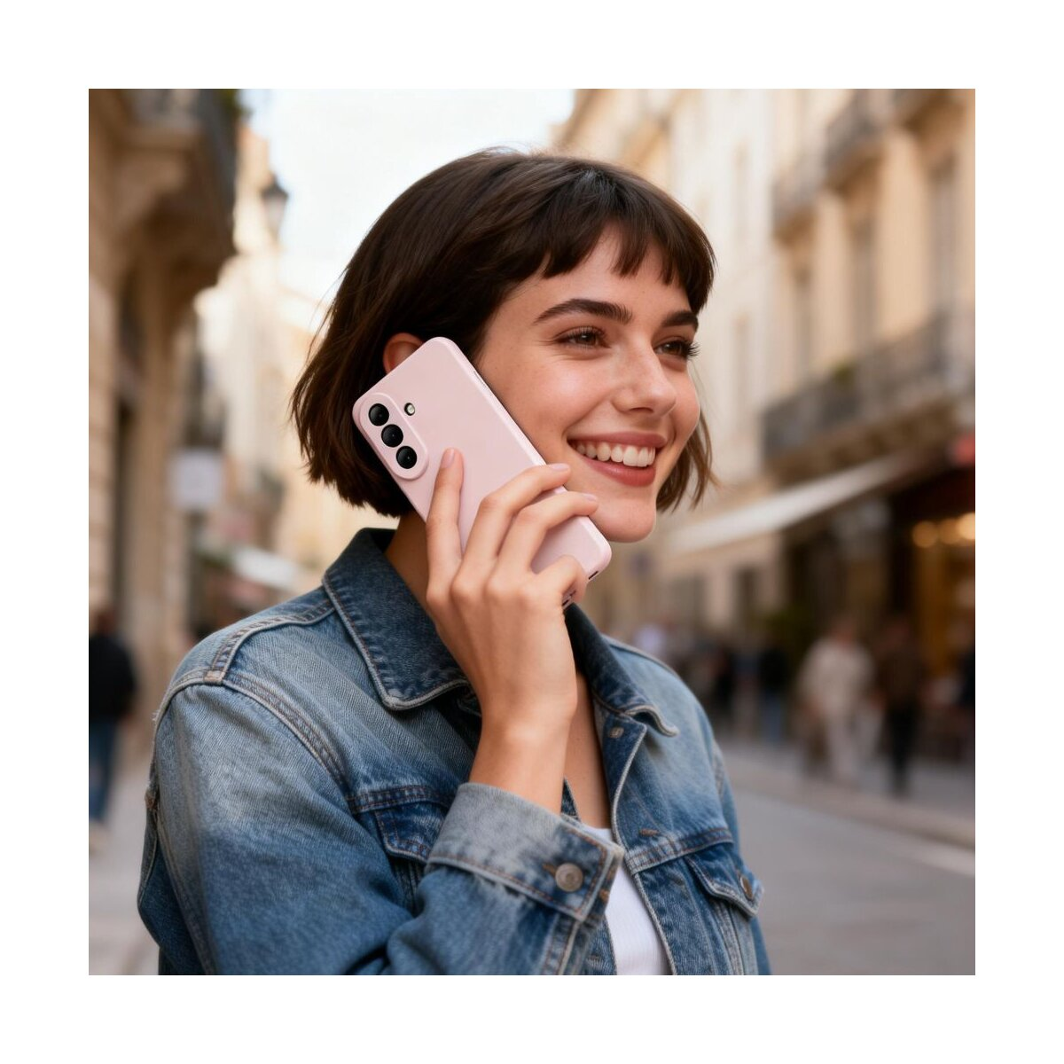Eine lächelnde Frau mit kurzem braunen Haar telefoniert im Freien mit einem rosa Smartphone.