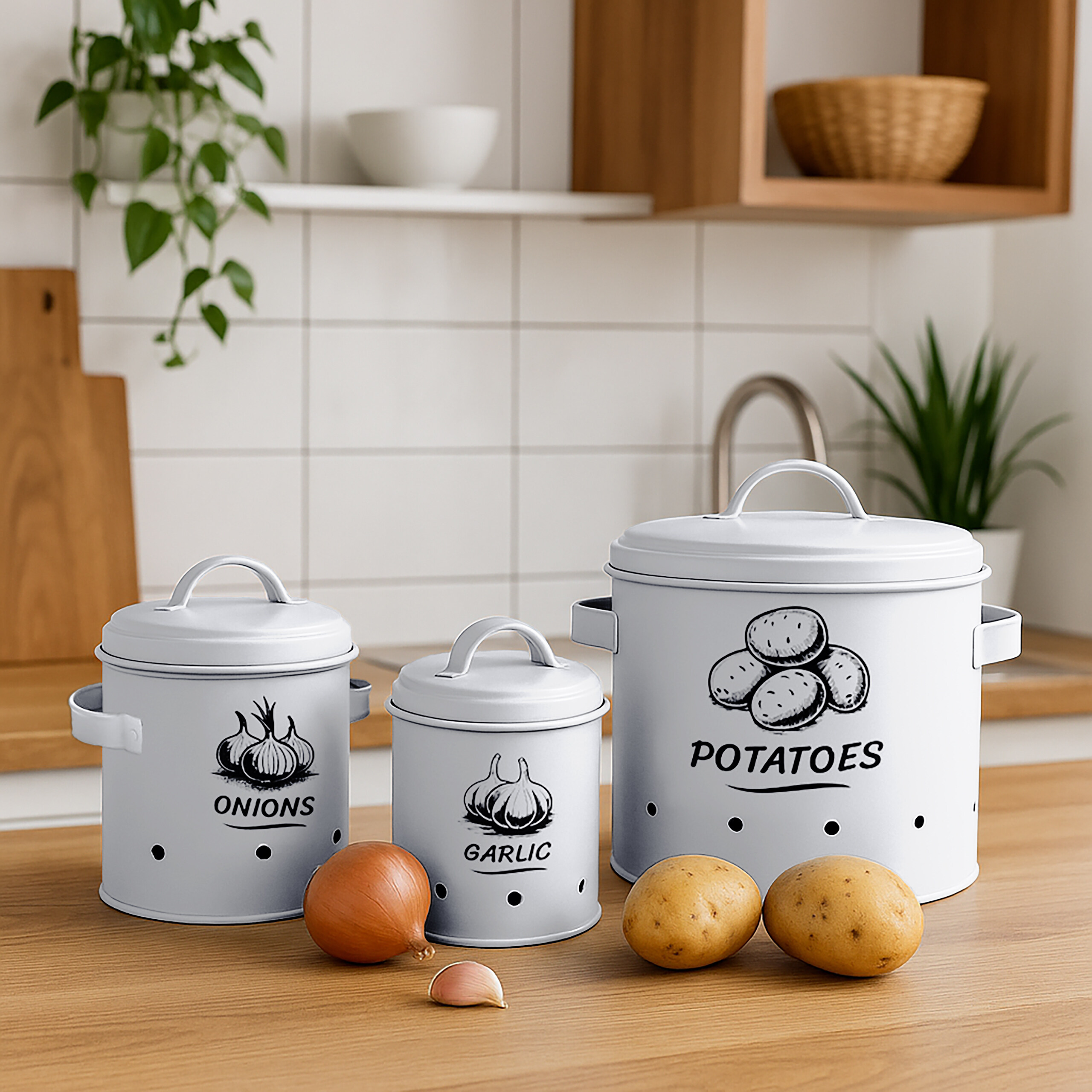 Drei weiße Küchenbehälter für Zwiebeln, Knoblauch und Kartoffeln stehen auf einer Holzarbeitsplatte in einer Küche.
