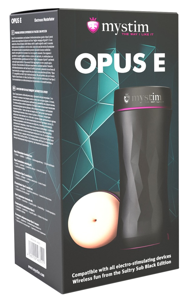 Mystim Opus E Produktverpackung in Schwarz und Türkis mit abgebildetem Elektro-Masturbator.