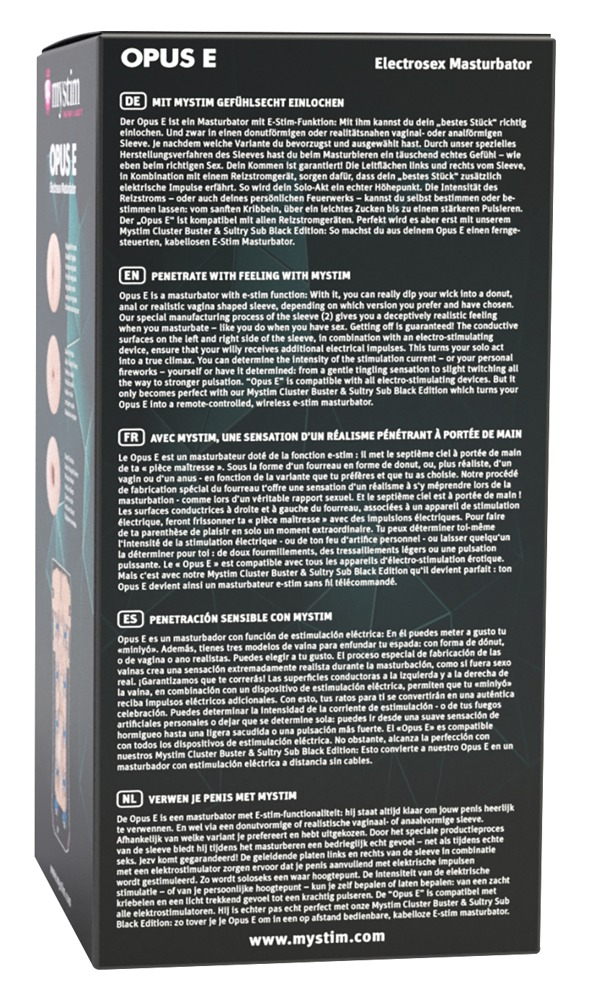 Schwarze Produktverpackung des OPUS E Elektrostimulations-Masturbators mit mehrsprachigem Text.
