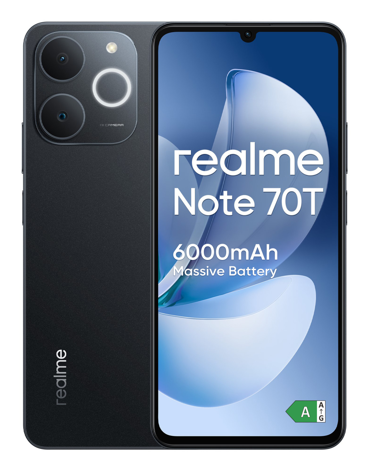 Dwa czarne smartfony Realme Note 70T obok siebie, pokazujące aparat z tyłu i przedni ekran.