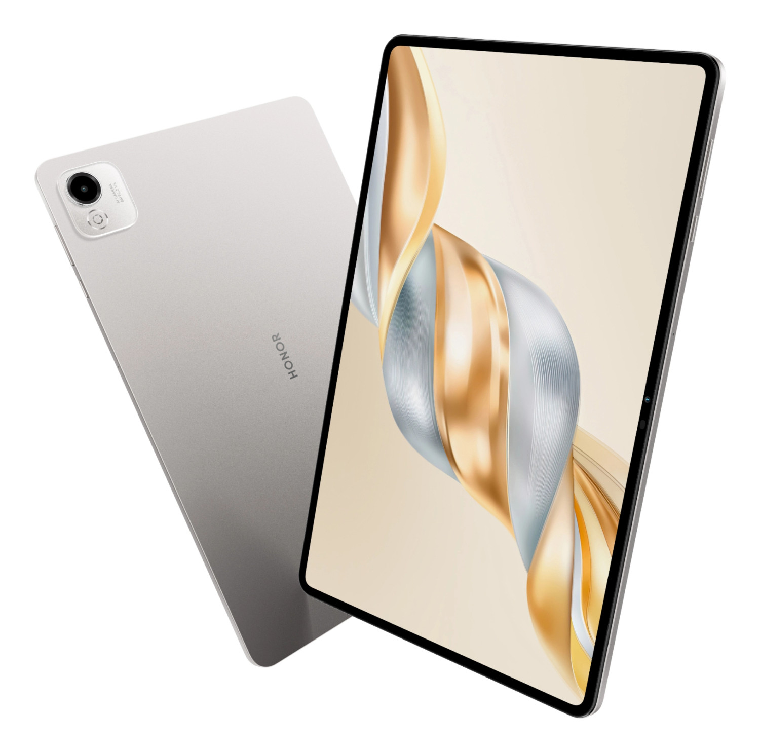 Zwei silberne Honor Tablets mit golden-silbernen Wellenmuster auf dem Bildschirm vor weißem Hintergrund.