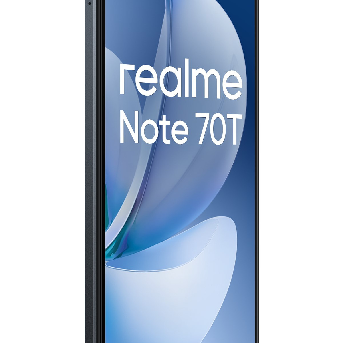 Zbliżenie lewej strony czarnego smartfona Realme Note 7T z niebieską tapetą.