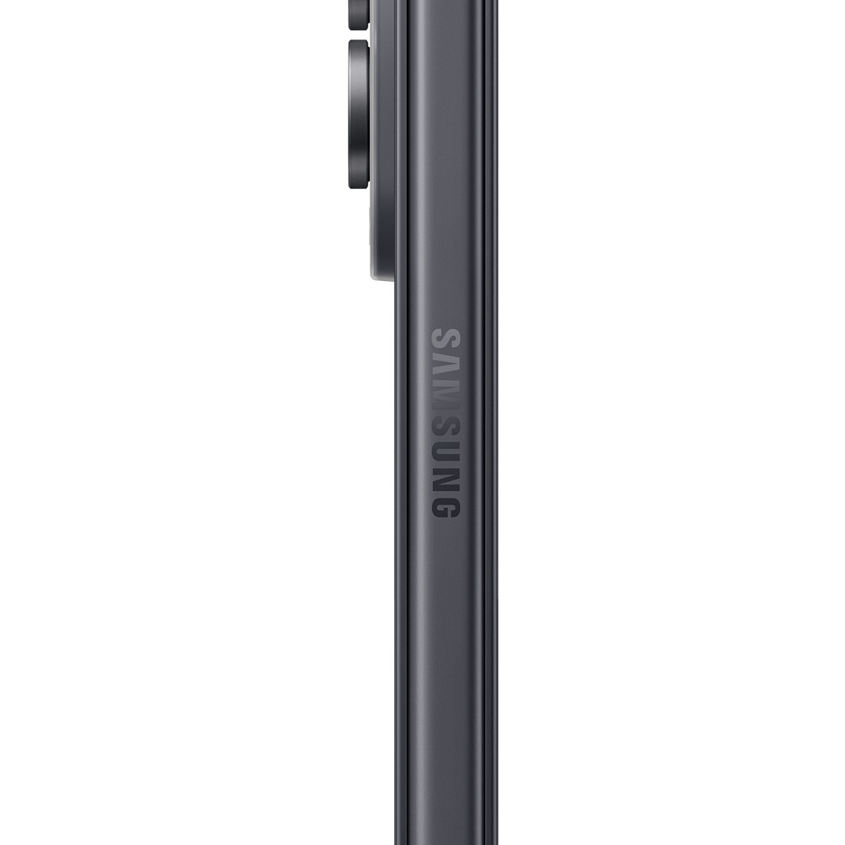 Vista laterale di uno smartphone Samsung scuro con il logo sul bordo sinistro e obiettivi fotografici in alto.