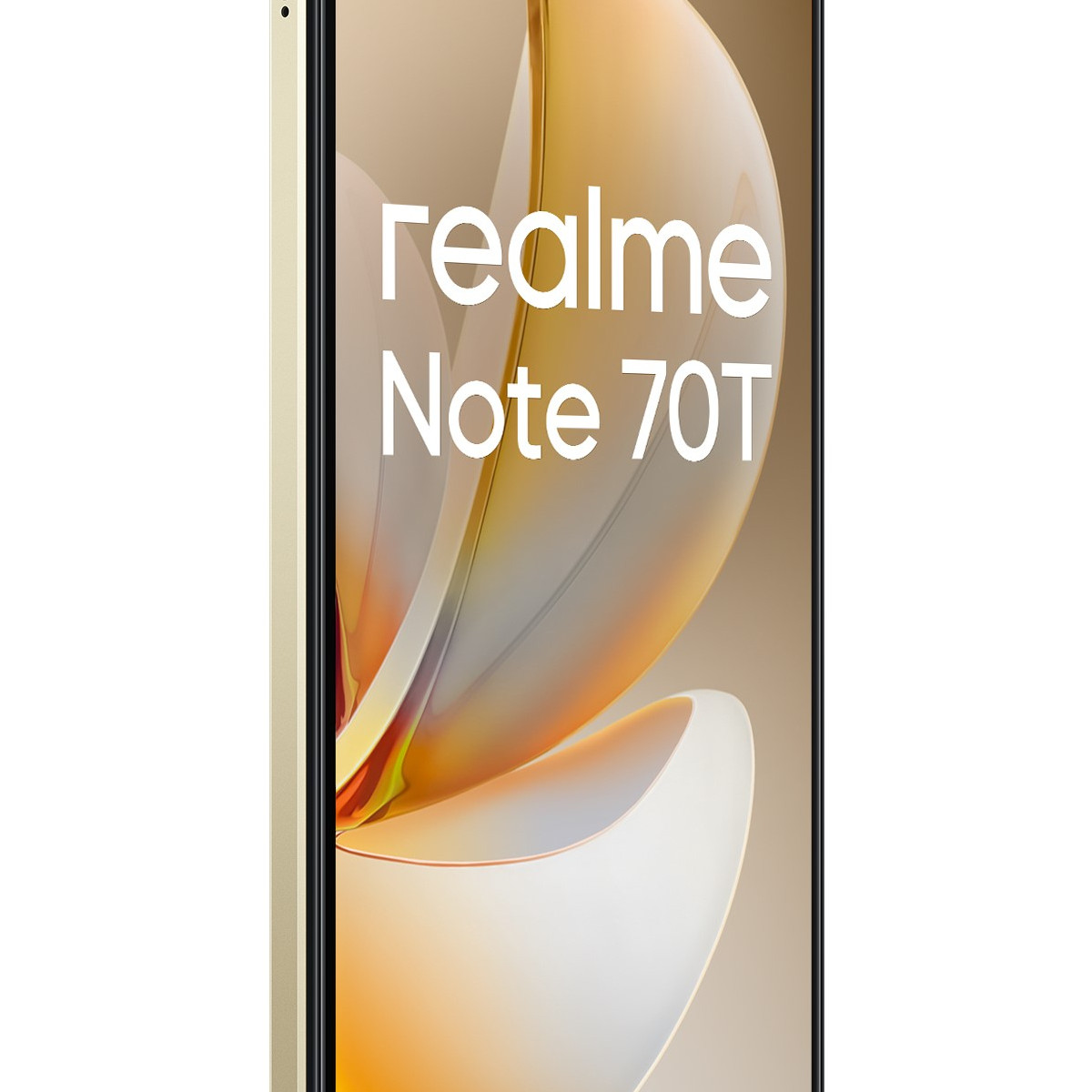 Złoty smartfon z napisem realme Note 70T na wyświetlaczu.