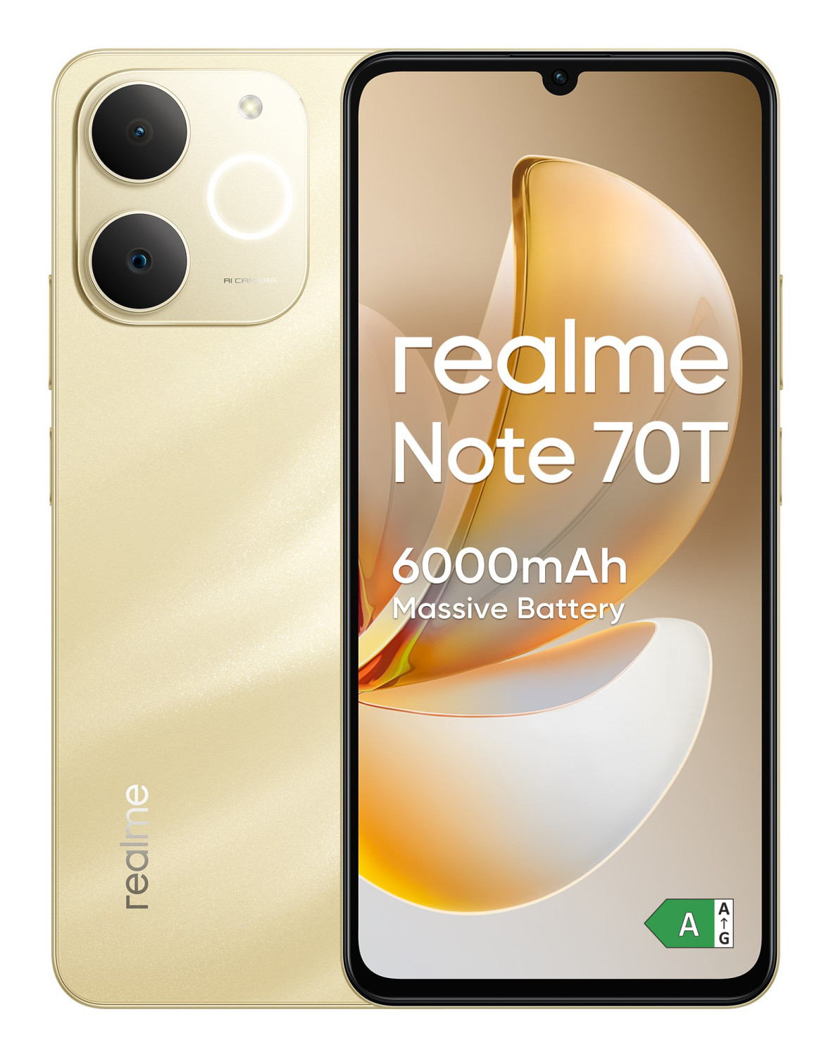 Złoty smartfon Realme Note 70T z dwoma aparatami i baterią 6000mAh.