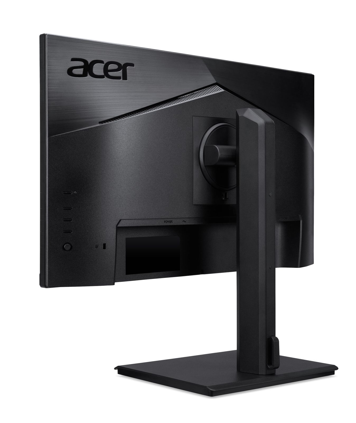 Widok z tyłu czarnego monitora Acer z podstawką na białym tle.