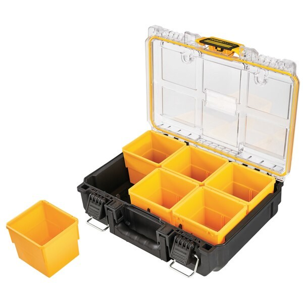Un estuche organizador negro y amarillo abierto con compartimentos amarillos extraíbles dentro y uno fuera.