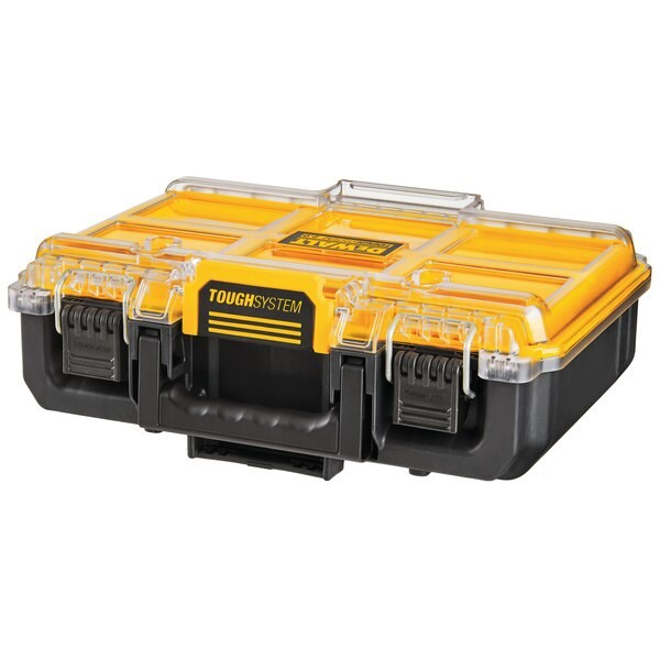 Caja organizadora DeWalt ToughSystem amarilla y negra con tapa transparente.