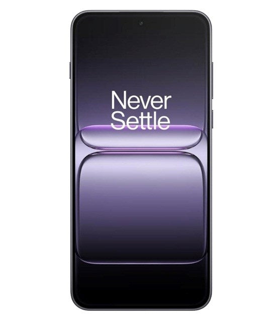 Uno smartphone che mostra 'Never Settle' sullo schermo con forme astratte viola.