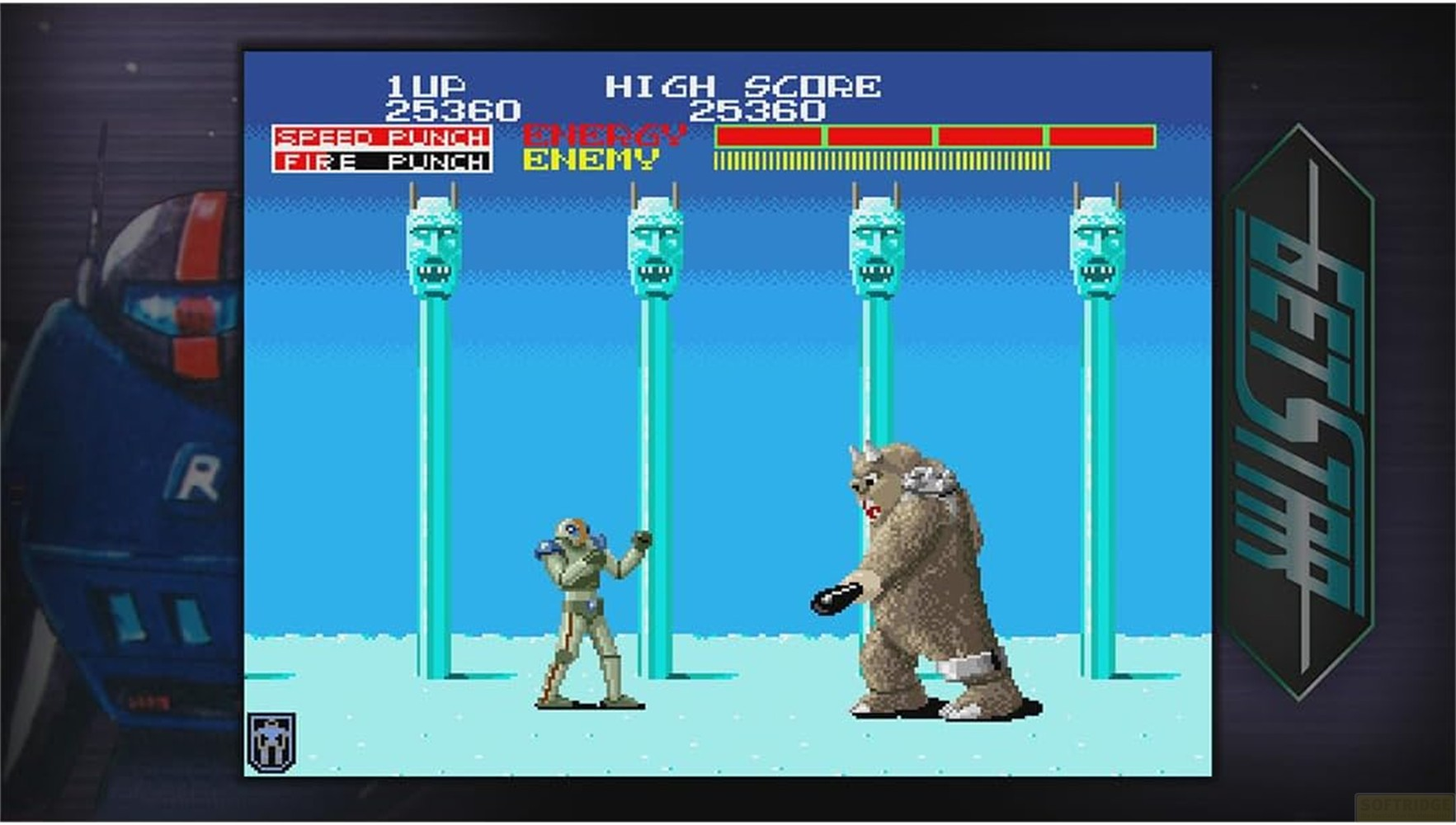 Retro-Arcade-Spiel-Screenshot mit einem Robotercharakter vor einem großen Monster auf verschneiten Hintergrund.