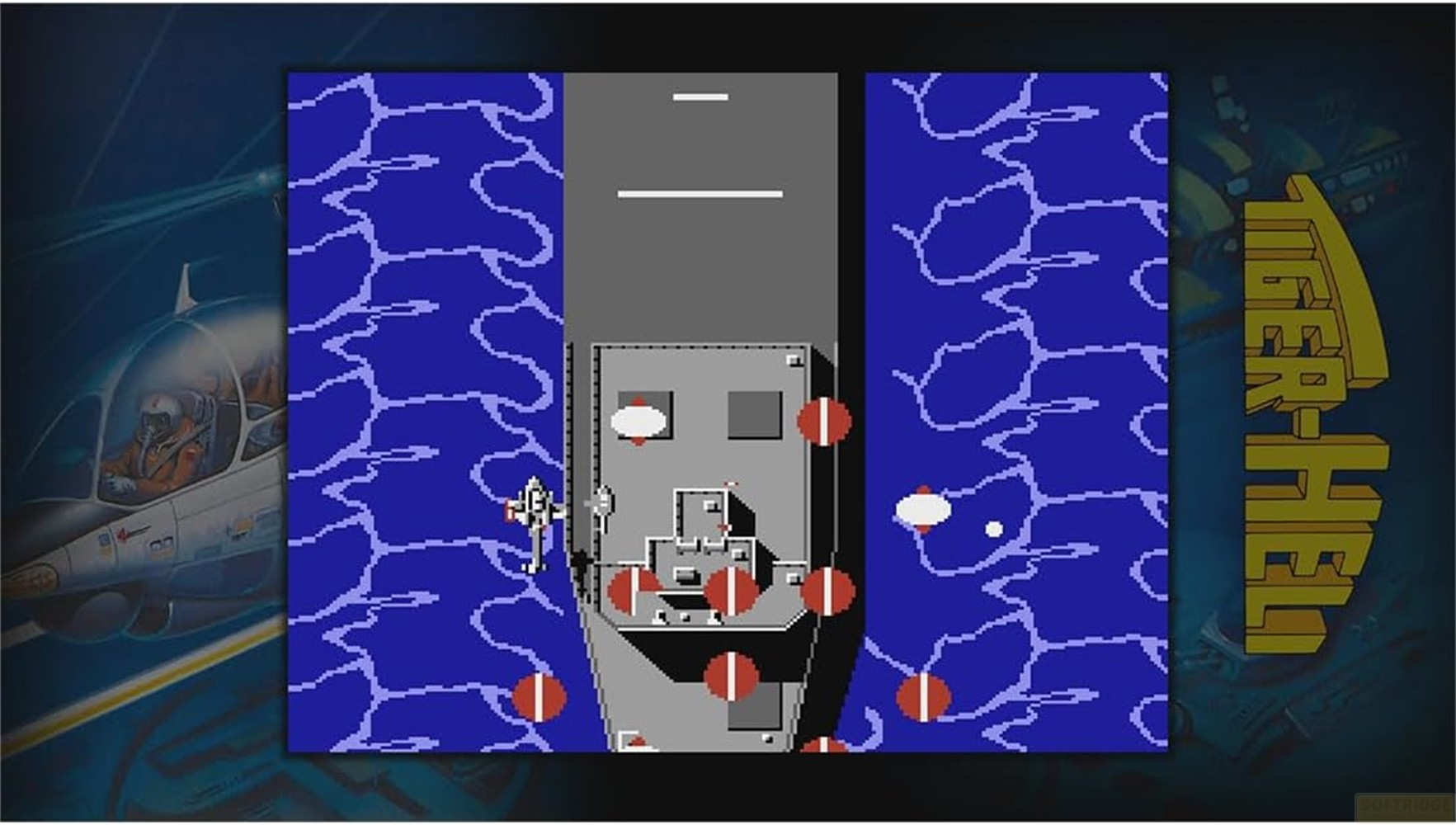 Ein pixeliges Vertikal-Scroll-Shooter-Spiel zeigt ein graues Kriegsschiff auf blauem Wasser mit roten und weißen Markierungen.