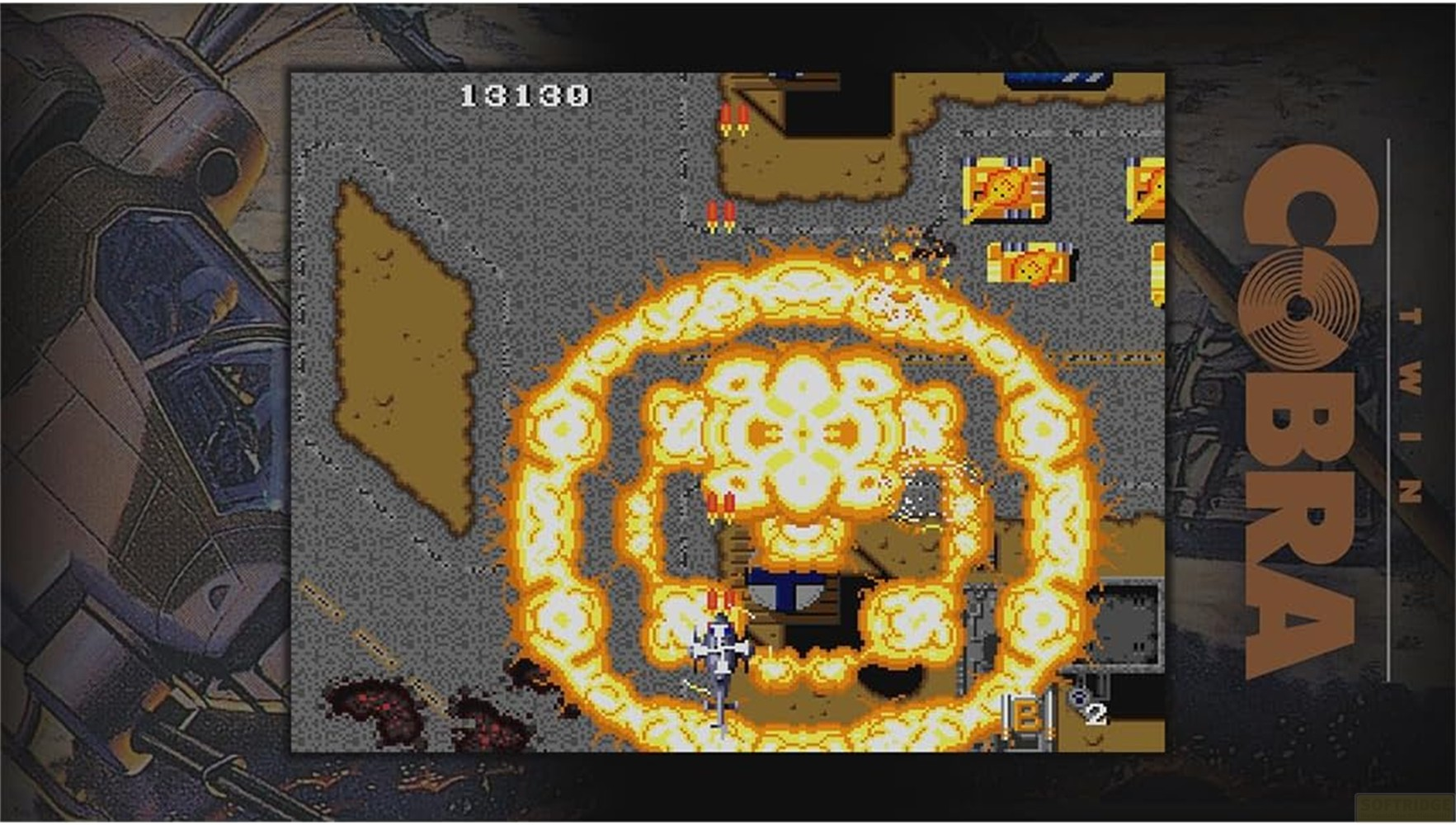 Pixel-Spielbildschirm mit Hubschrauber und Explosion auf einer feindlichen Basis.