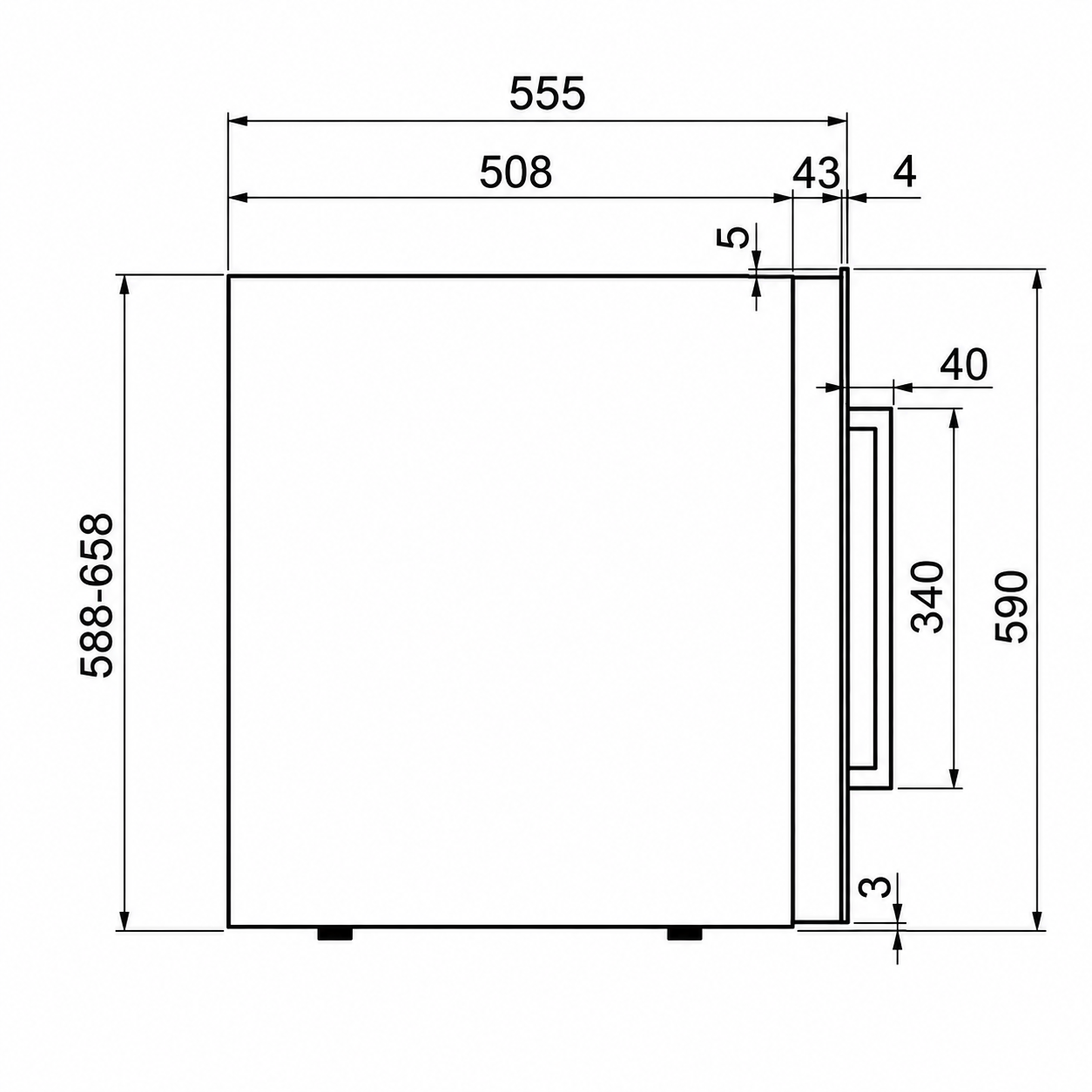 Disegno tecnico di un elettrodomestico da incasso con dimensioni dettagliate laterali e frontali in millimetri.