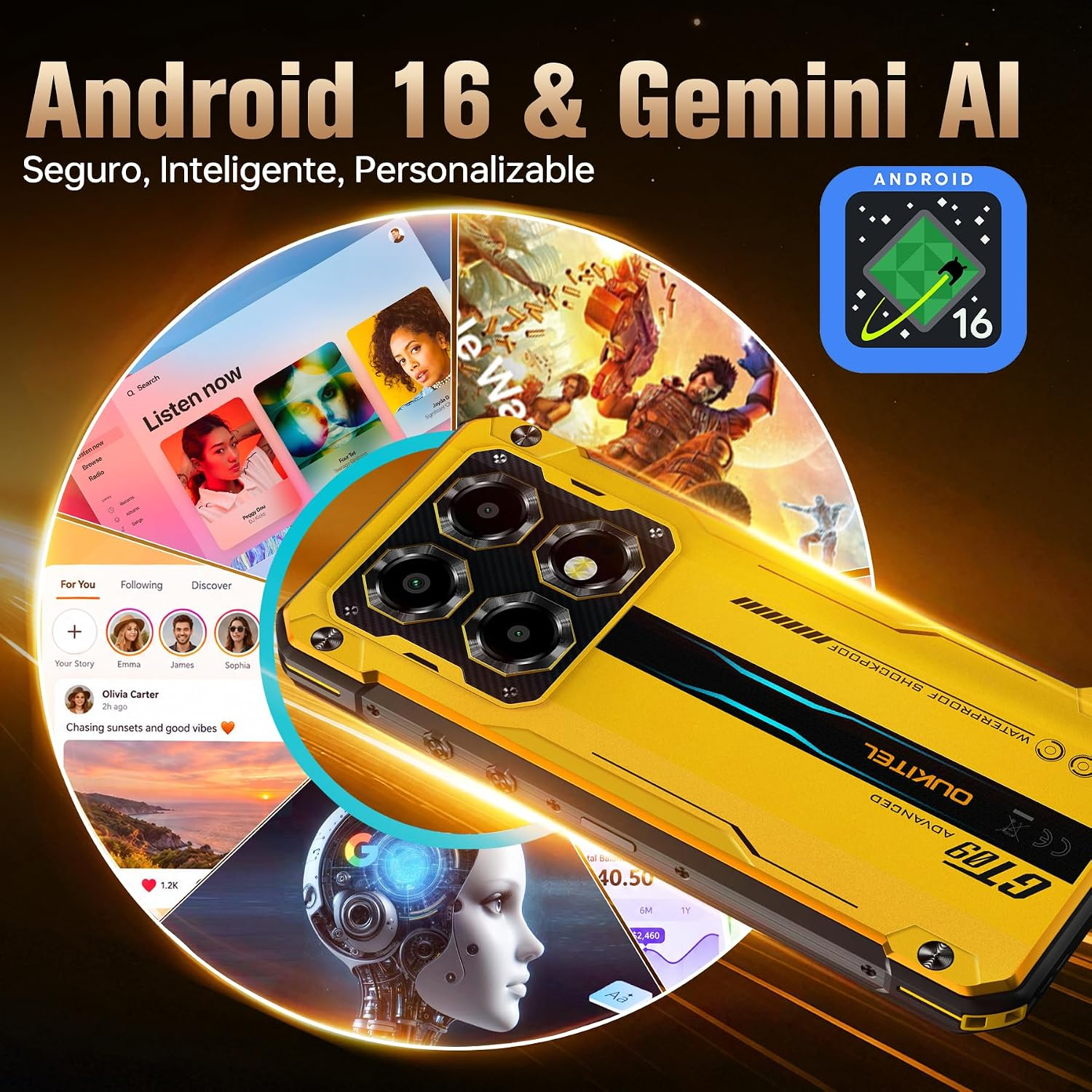 Un smartphone resistente amarillo con cuatro cámaras en un fondo promocional para Android 16 y Gemini AI.