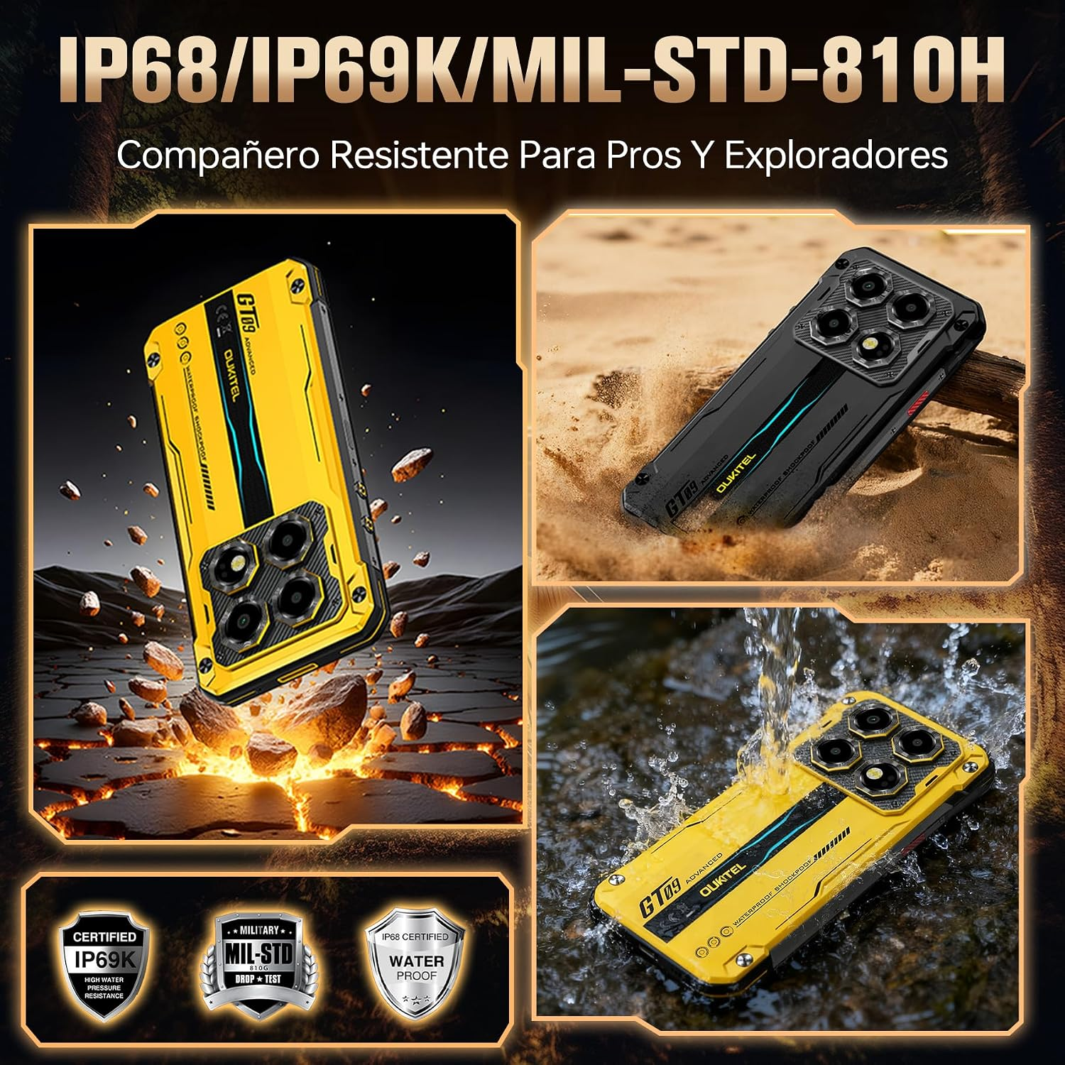 Smartphone resistente Oukitel GT109 con protección contra agua y golpes, mostrado en exteriores.