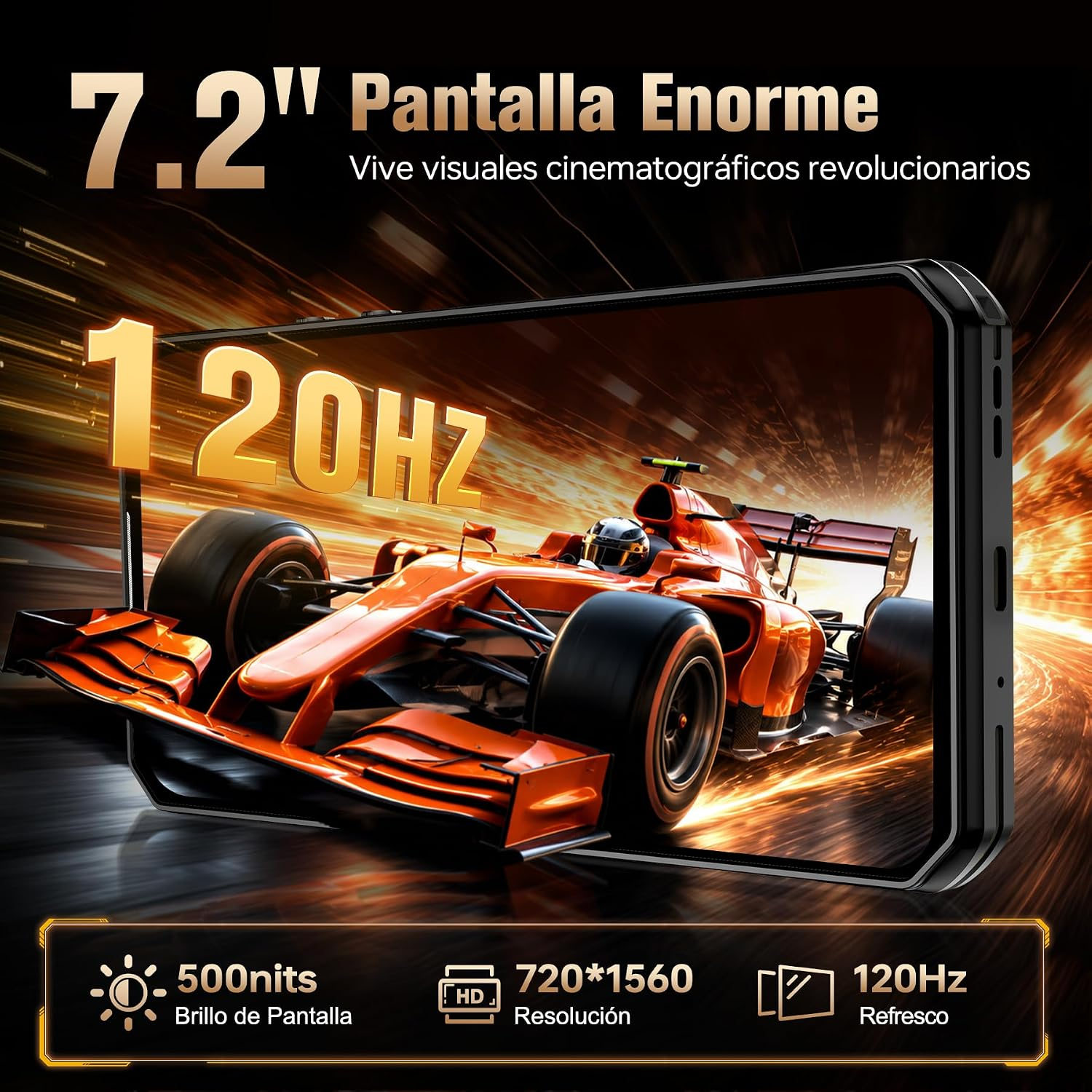Anuncio de smartphone con pantalla de 7.2 pulgadas, auto de carreras y especificaciones abajo.