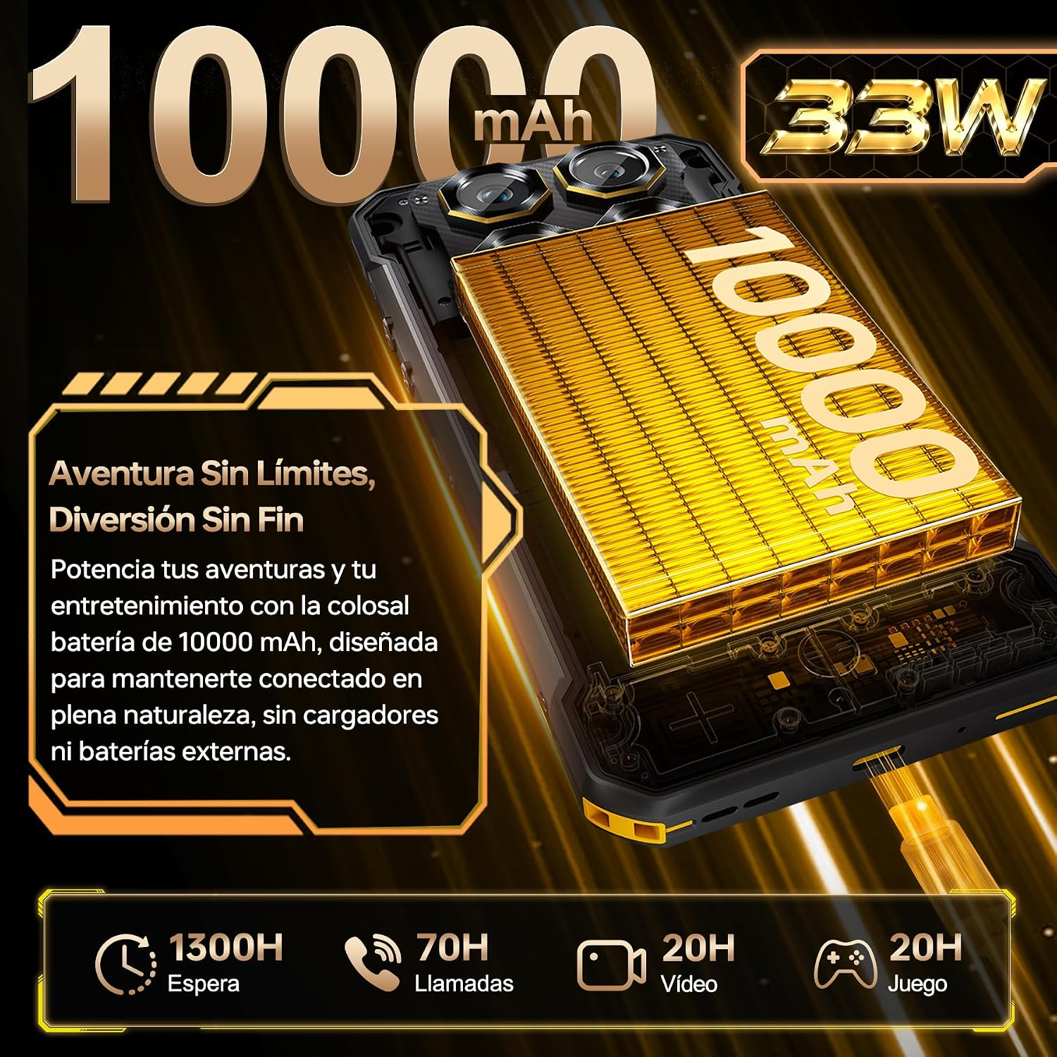 Smartphone con gran batería de 10000mAh, carga de 33W y texto en español sobre duración.