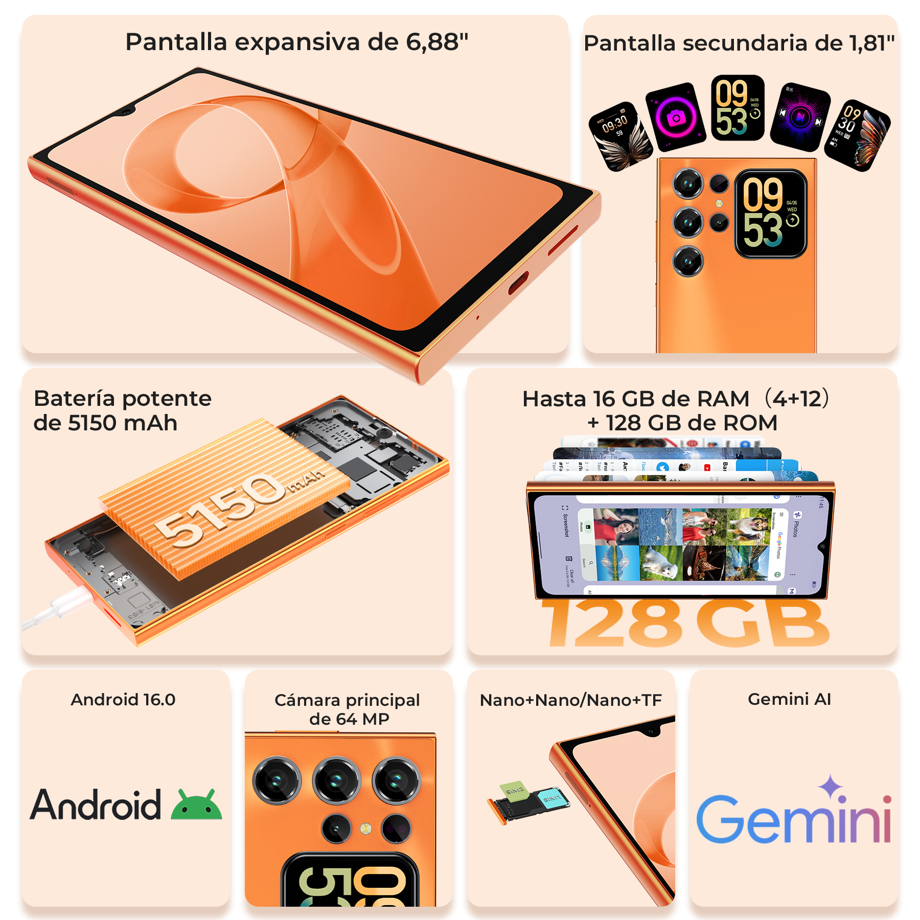 Infografía de producto para un smartphone naranja con detalles sobre pantalla, batería, cámara y almacenamiento.