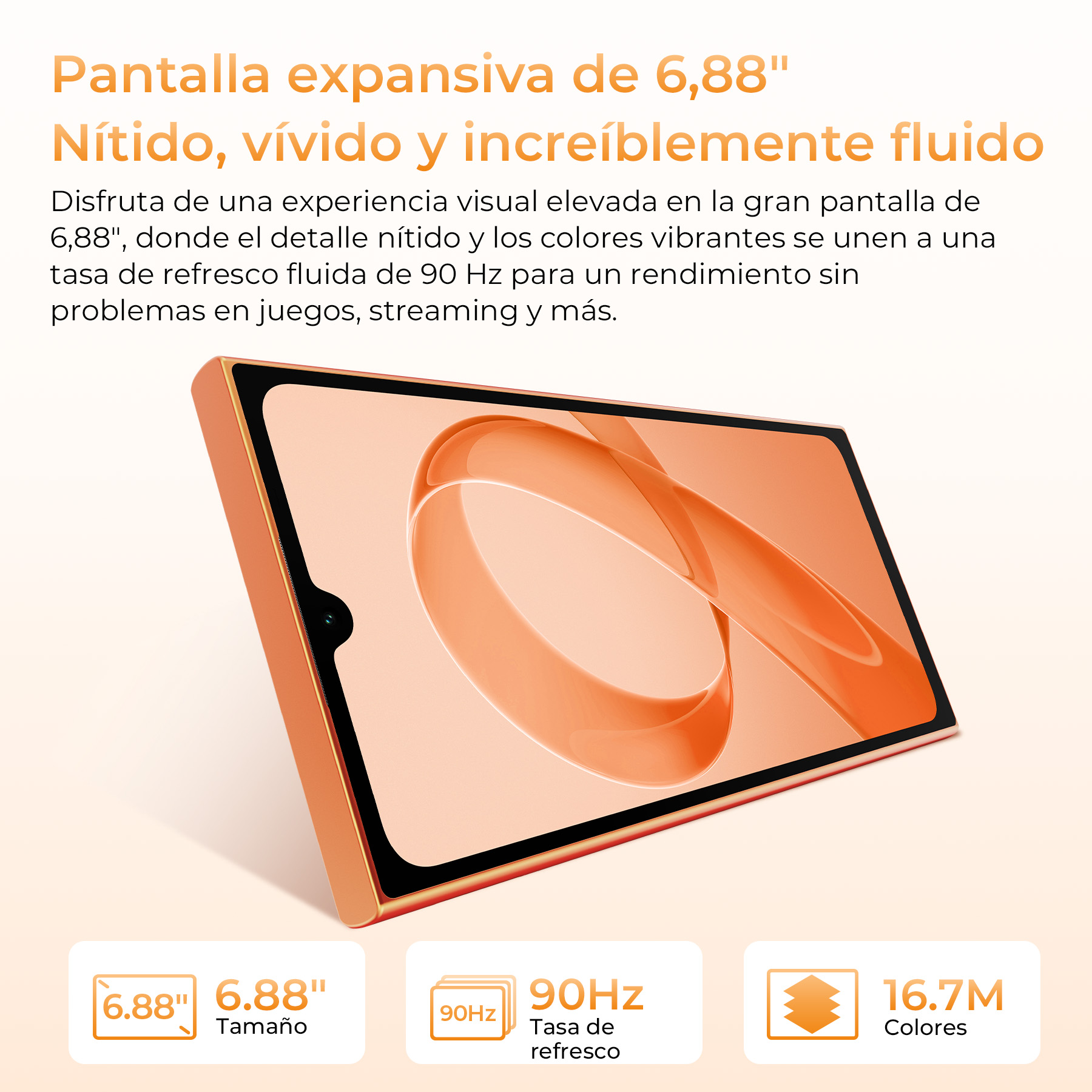Un teléfono inteligente con pantalla grande y cuerpo naranja, flanqueado por texto promocional e iconos.