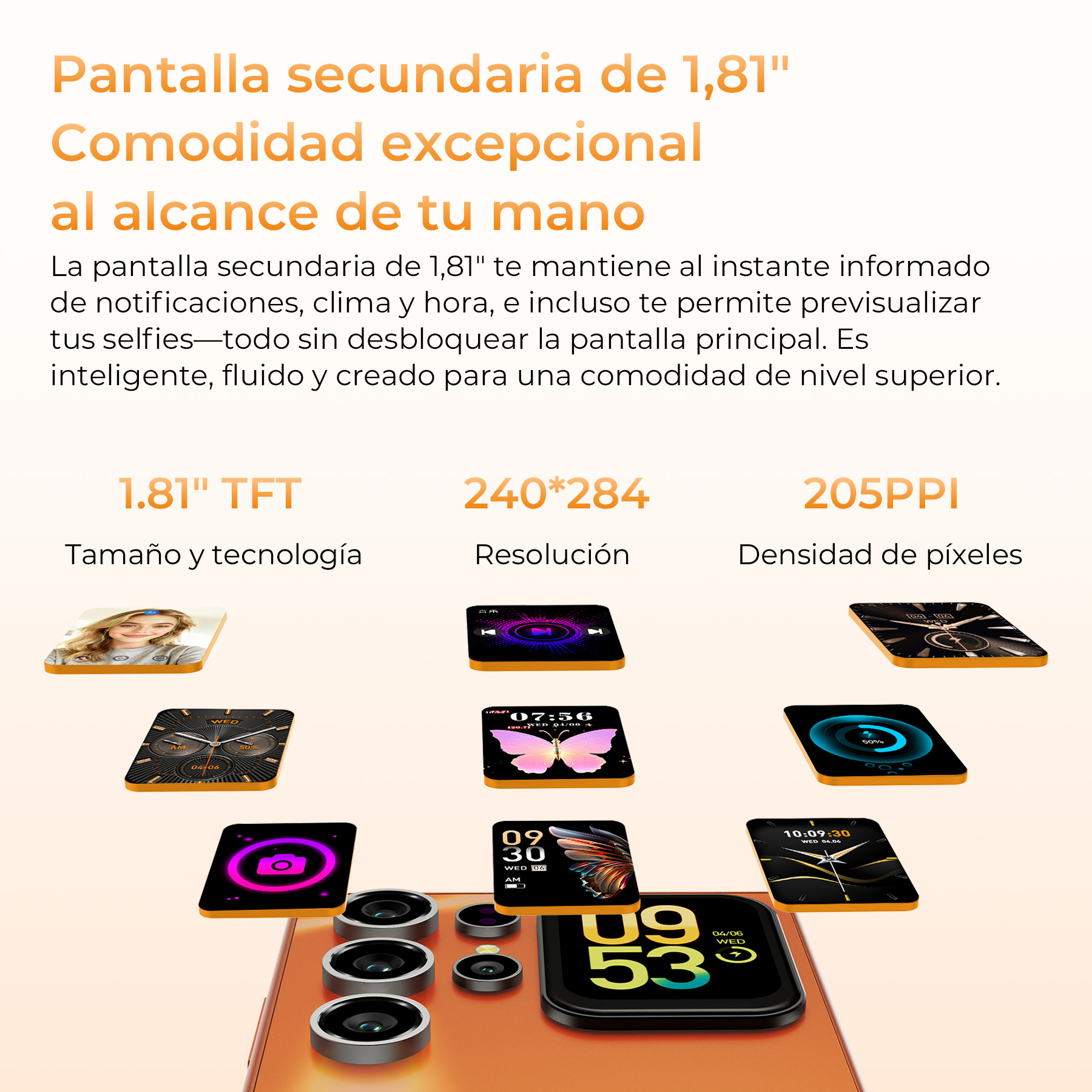 Infografía que muestra las especificaciones de la pantalla secundaria de 1,81", resolución, densidad e interfaz.