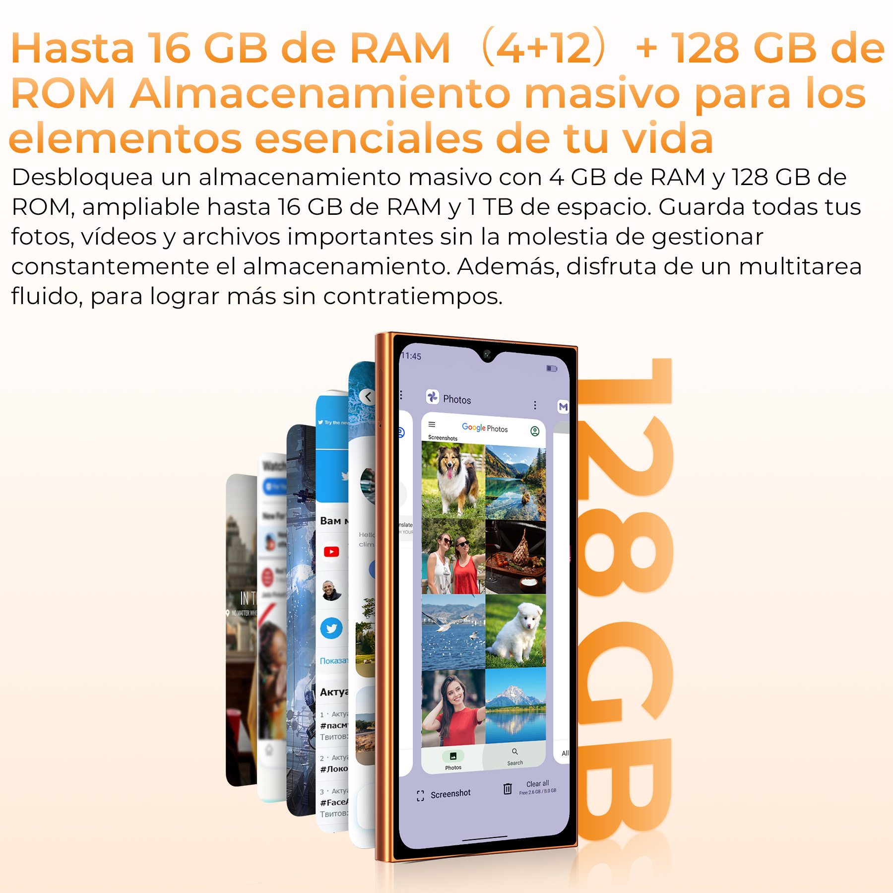 Gráfico promocional que muestra un smartphone con una galería de fotos y aplicaciones, rodeado de texto sobre RAM y almacenamiento.