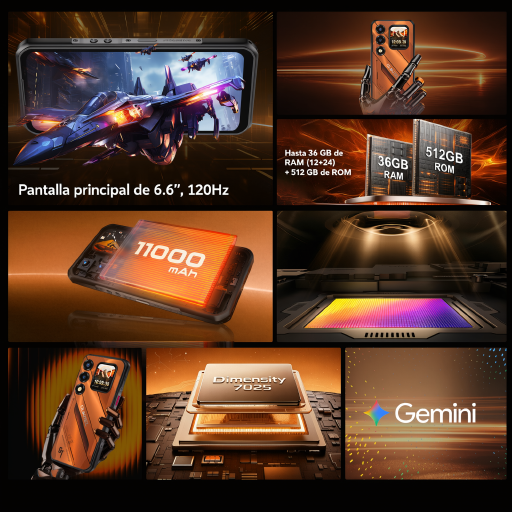 Anuncio de tecnología con smartphone resistente, procesador, batería y especificaciones sobre fondo naranja.