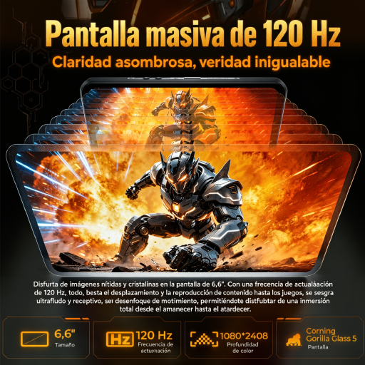Imagen promocional para un smartphone de 6,6" con pantalla de 120 Hz y gráficos de acción.