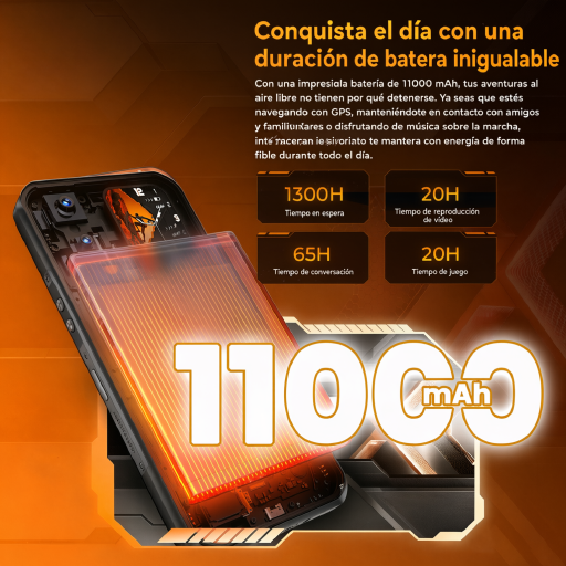 Anuncio de smartphone con batería de 11000 mAh y especificaciones en naranja.