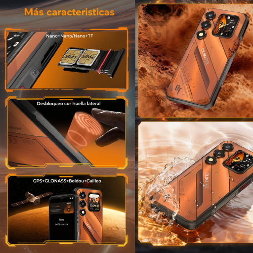 Smartphone resistente con resistencia al agua, ranura SIM, lector de huellas y GPS.