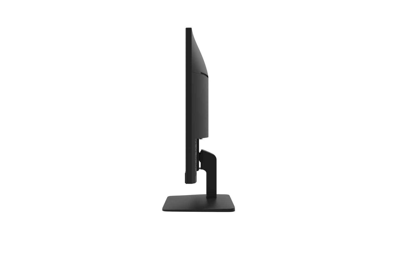 Vista laterale di un monitor per computer nero su supporto con sfondo bianco.
