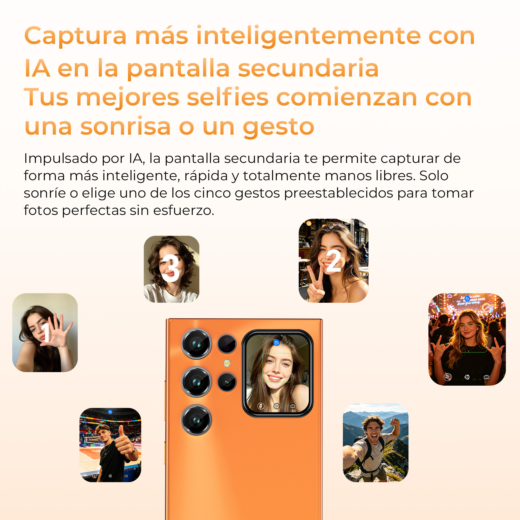 Smartphone con pantalla trasera para selfies mediante IA y control por gestos.