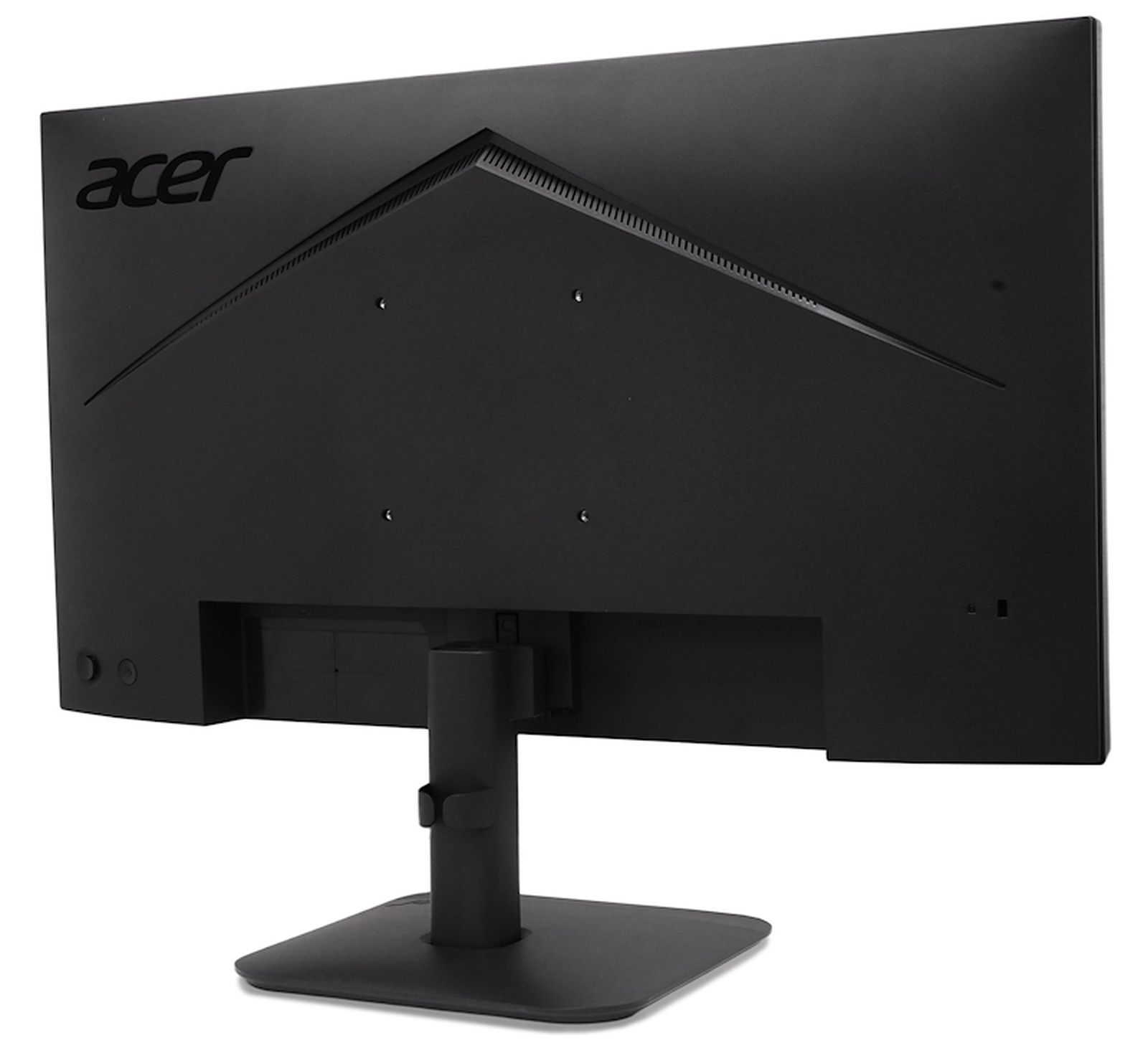 Vista trasera de un monitor de ordenador Acer negro sobre un soporte, con el panel trasero y orificios VESA.