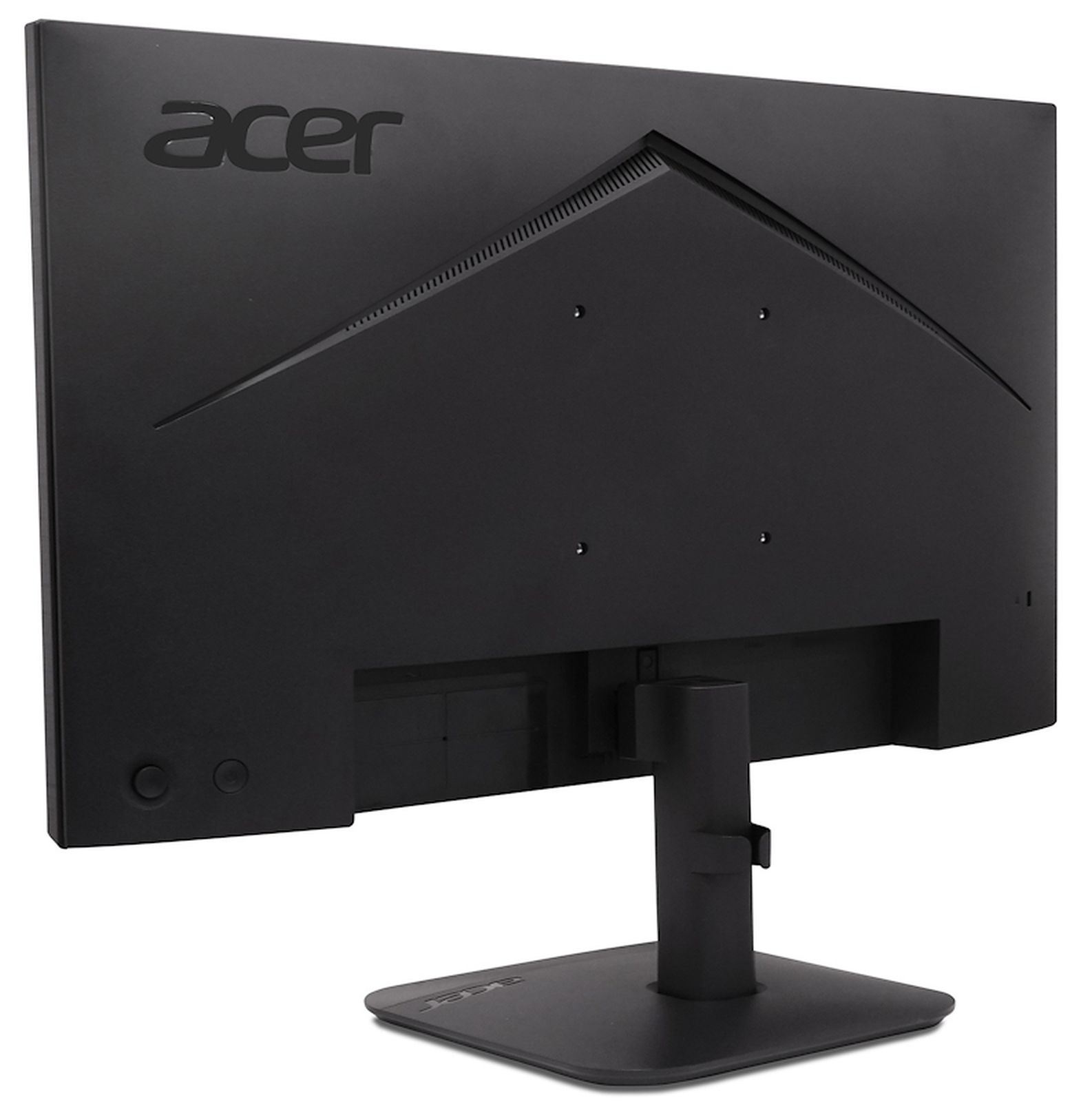 Vista trasera de un monitor negro Acer con soporte sobre fondo blanco.