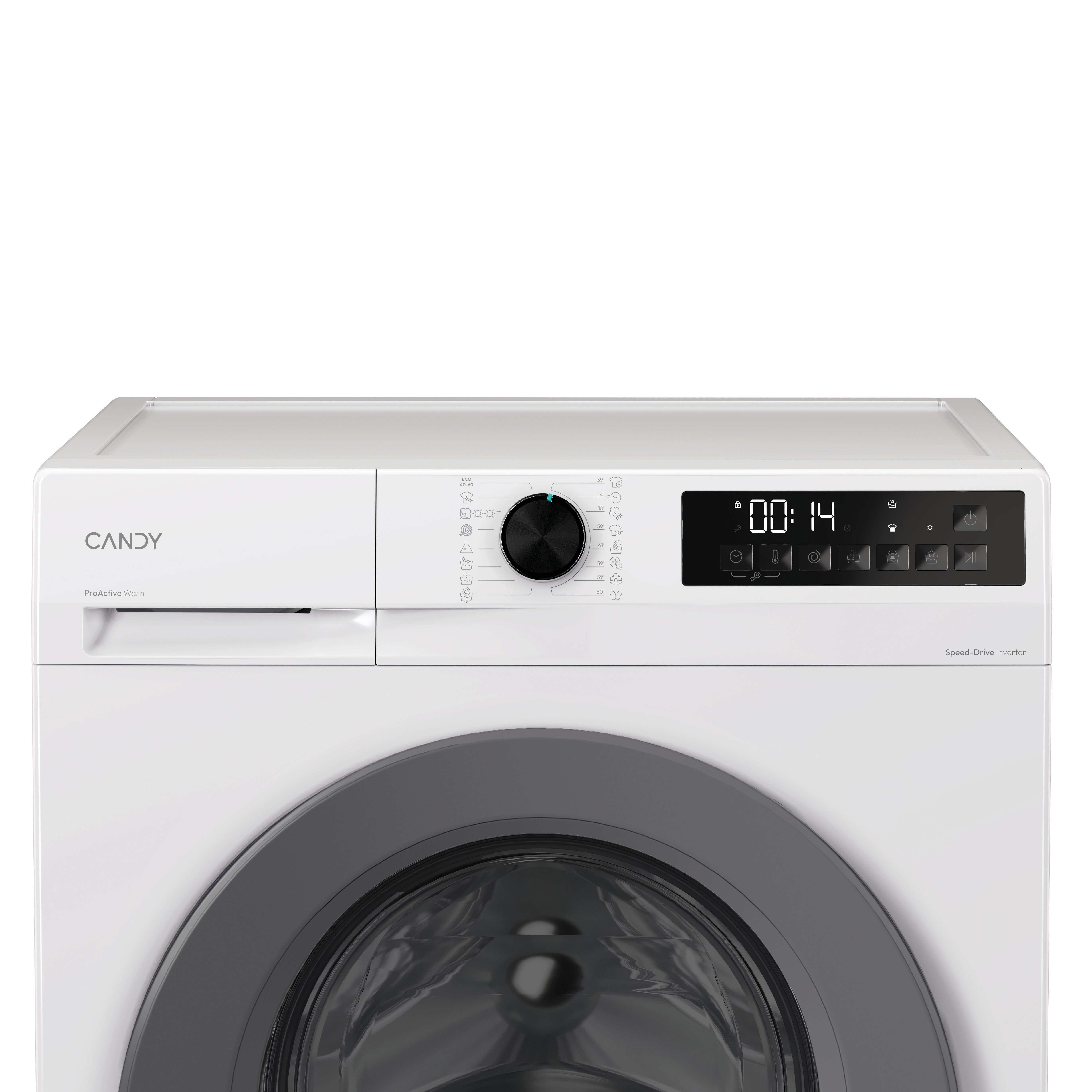 Lavatrice bianca Candy con selettore programmi nero e display LED digitale su sfondo bianco.