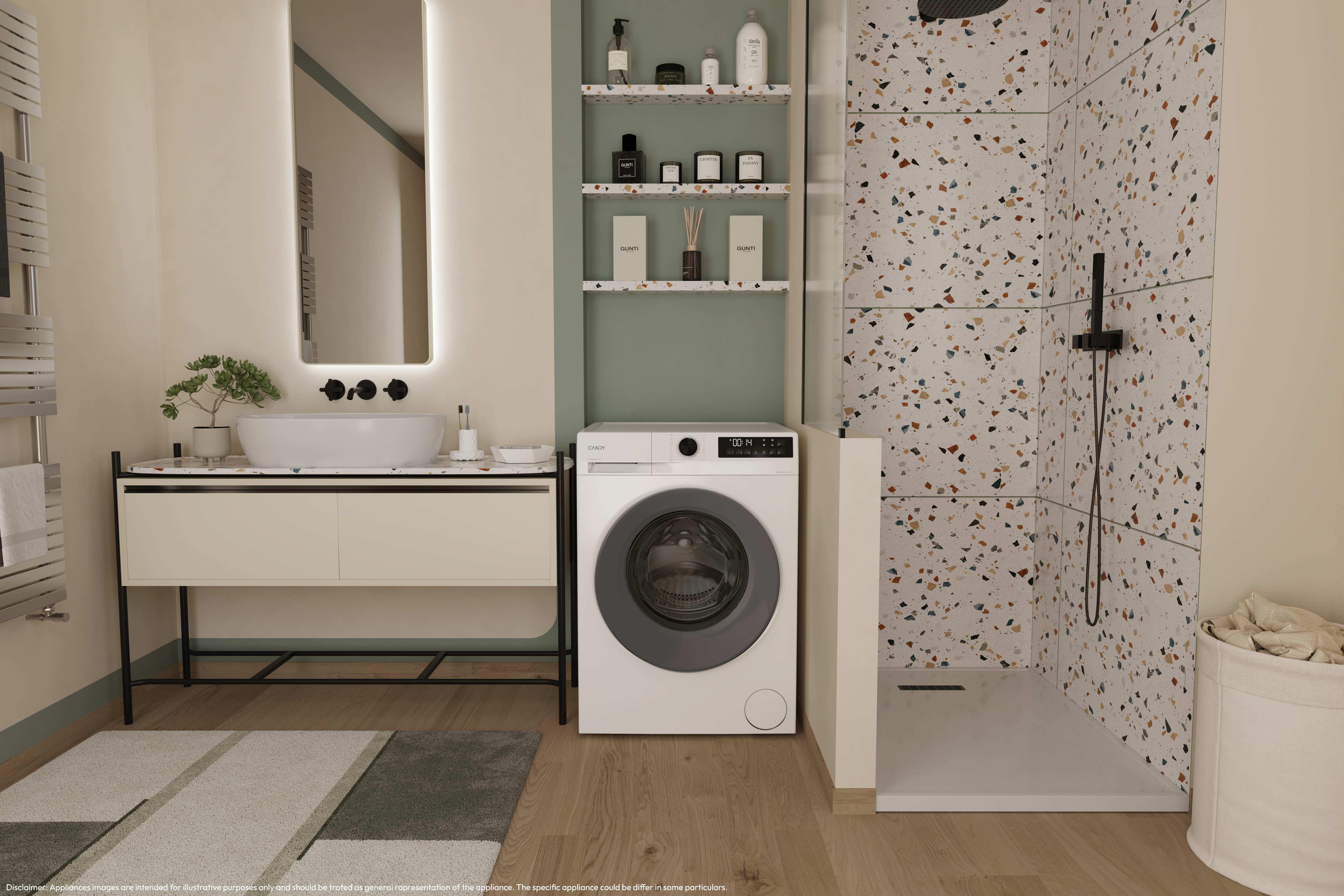 Un bagno moderno con lavabo bianco, lavatrice e doccia con piastrelle in graniglia colorata.
