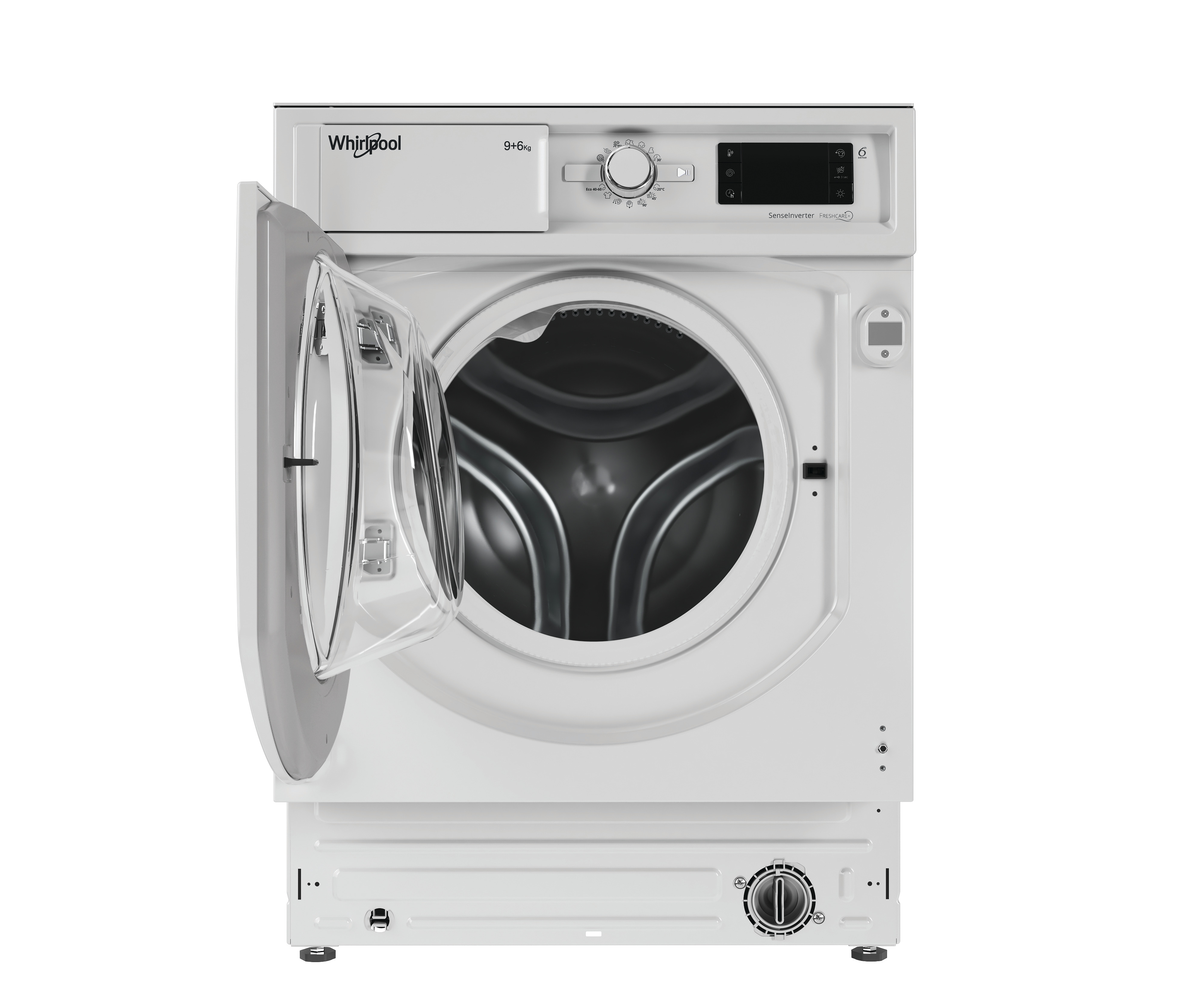 Lavatrice Whirlpool bianca con oblò aperto e selettore rotativo su sfondo bianco.