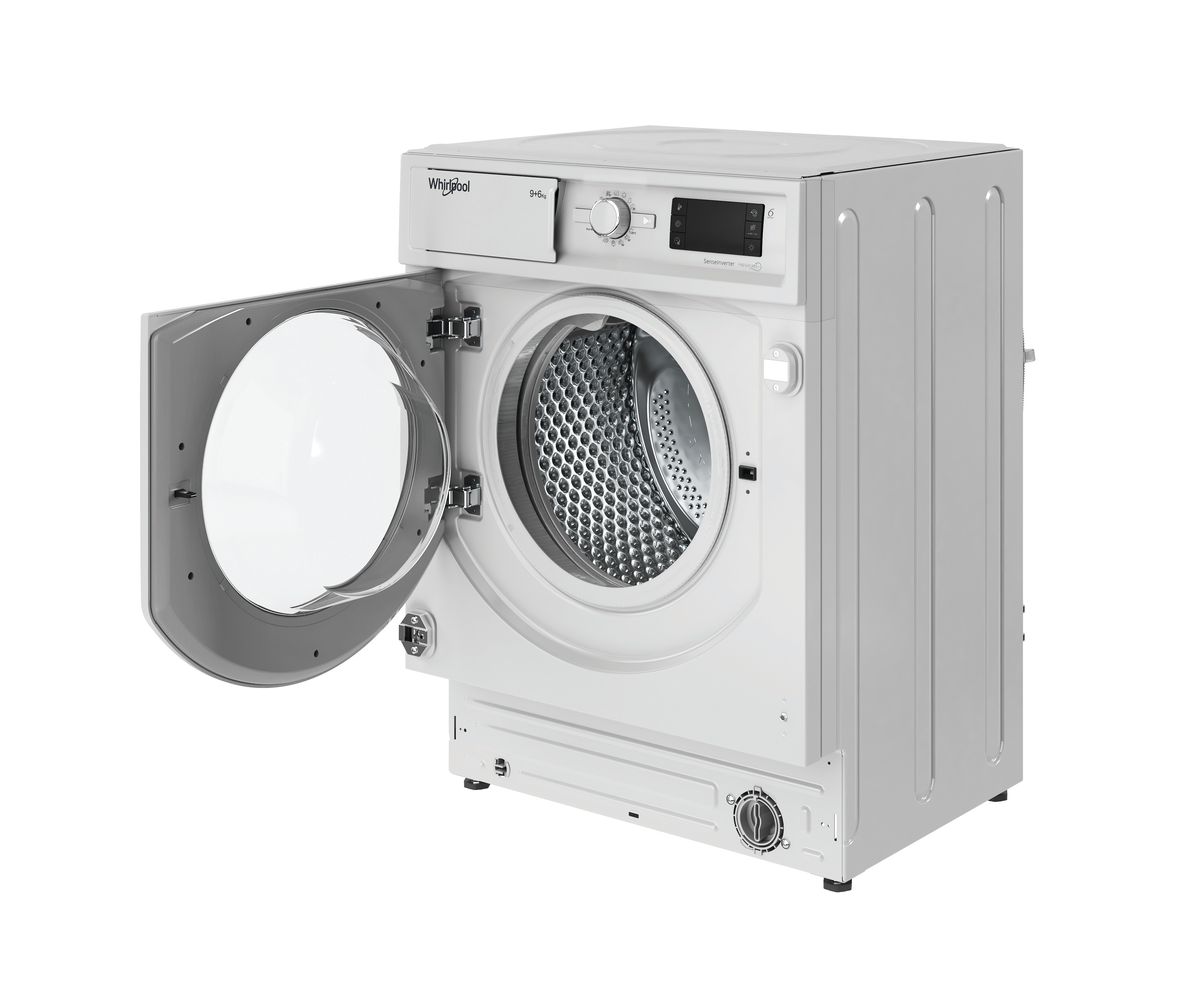 Una lavatrice bianca Whirlpool con lo sportello anteriore aperto e il cestistello.