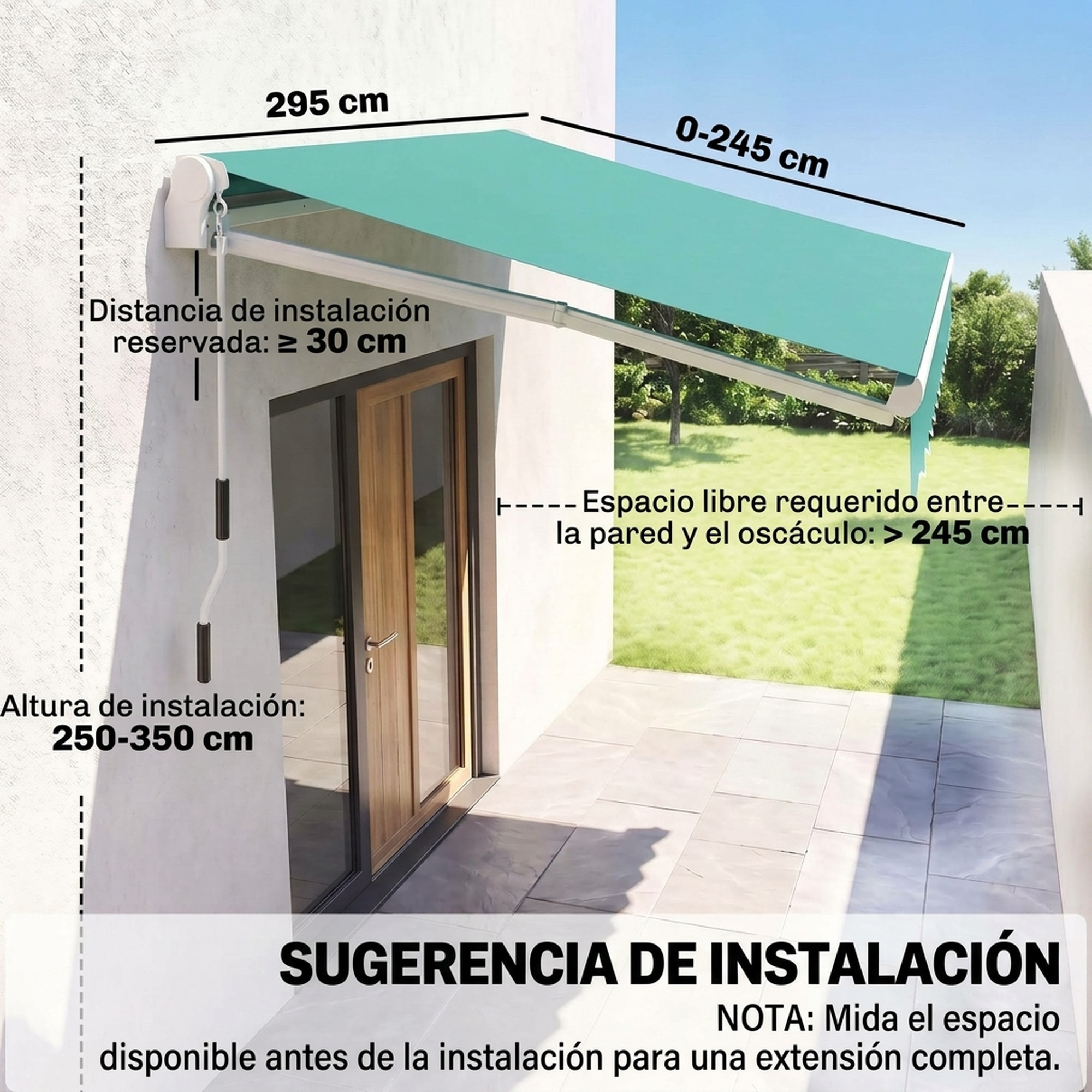 Diagrama con dimensiones de instalación para un toldo verde sobre una puerta de patio.