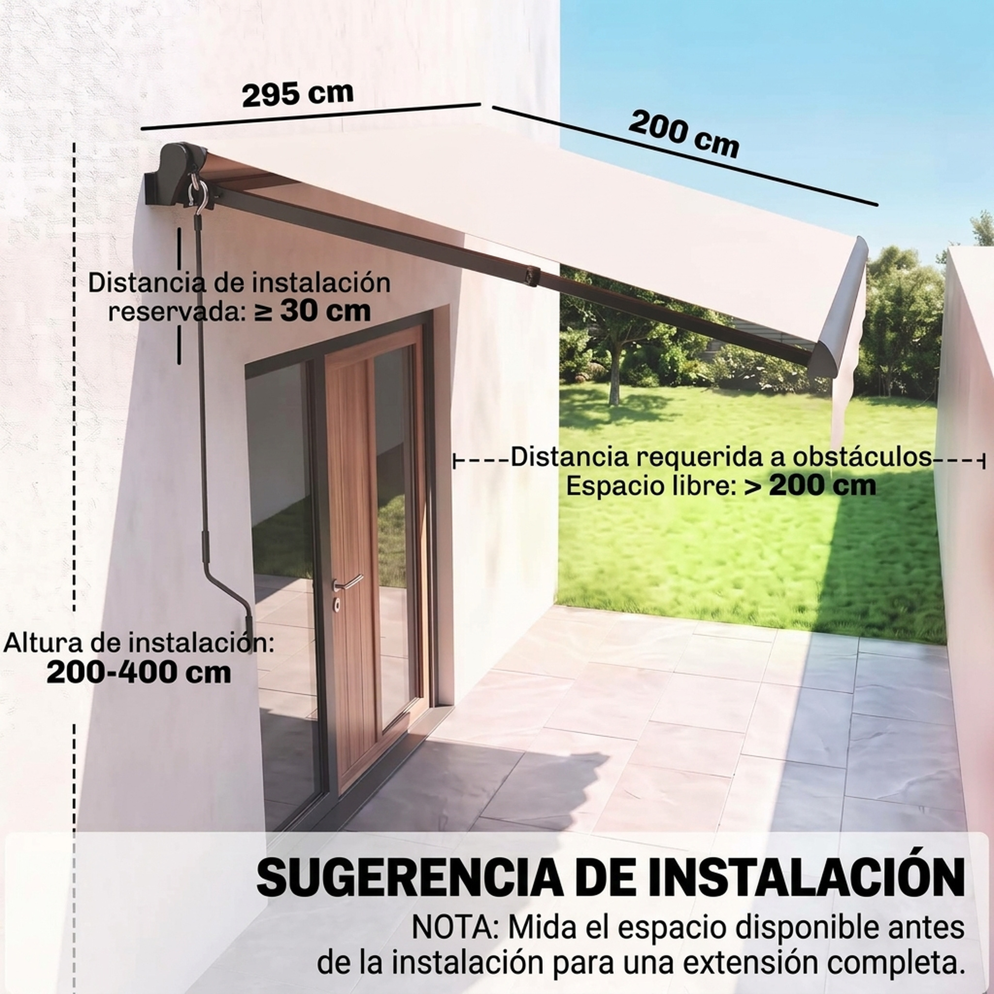 Dibujo técnico de un toldo beige en la pared de una casa con dimensiones de instalación.