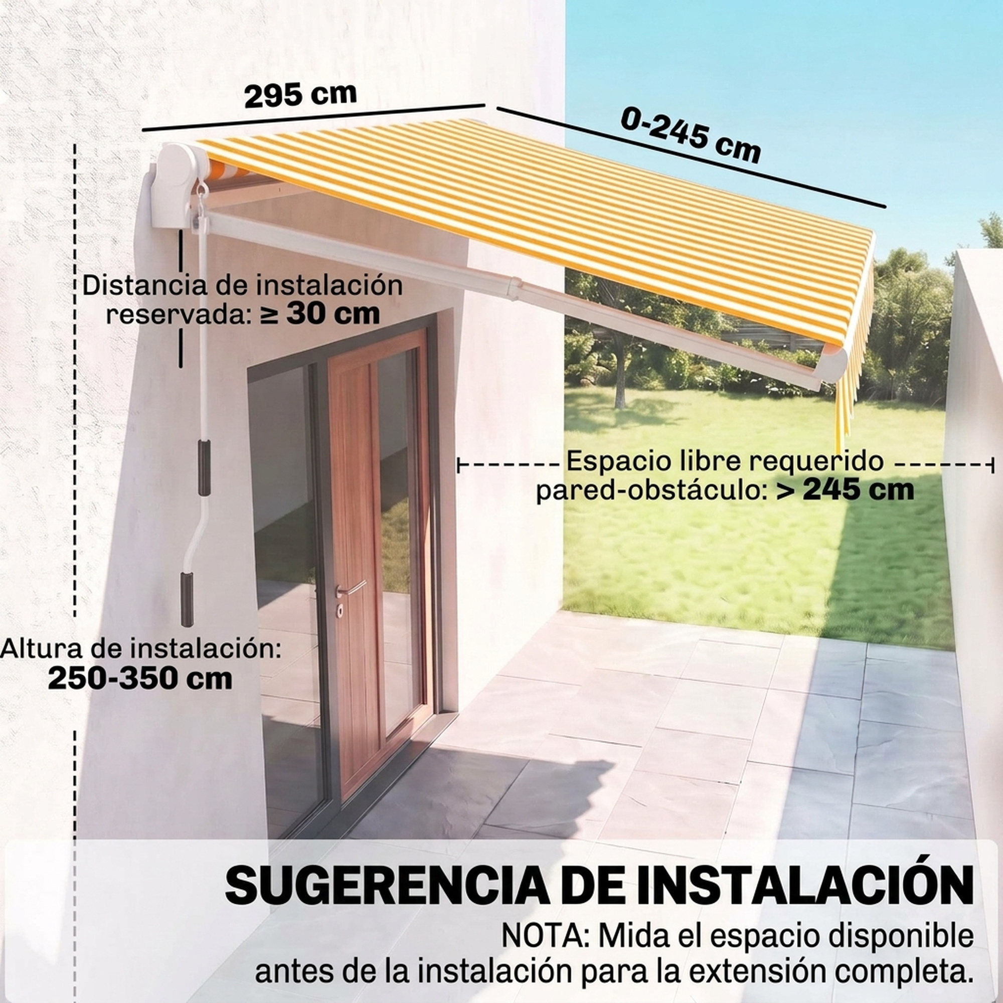 Diagrama que muestra las dimensiones de instalación de un toldo de rayas amarillas y blancas en una pared.
